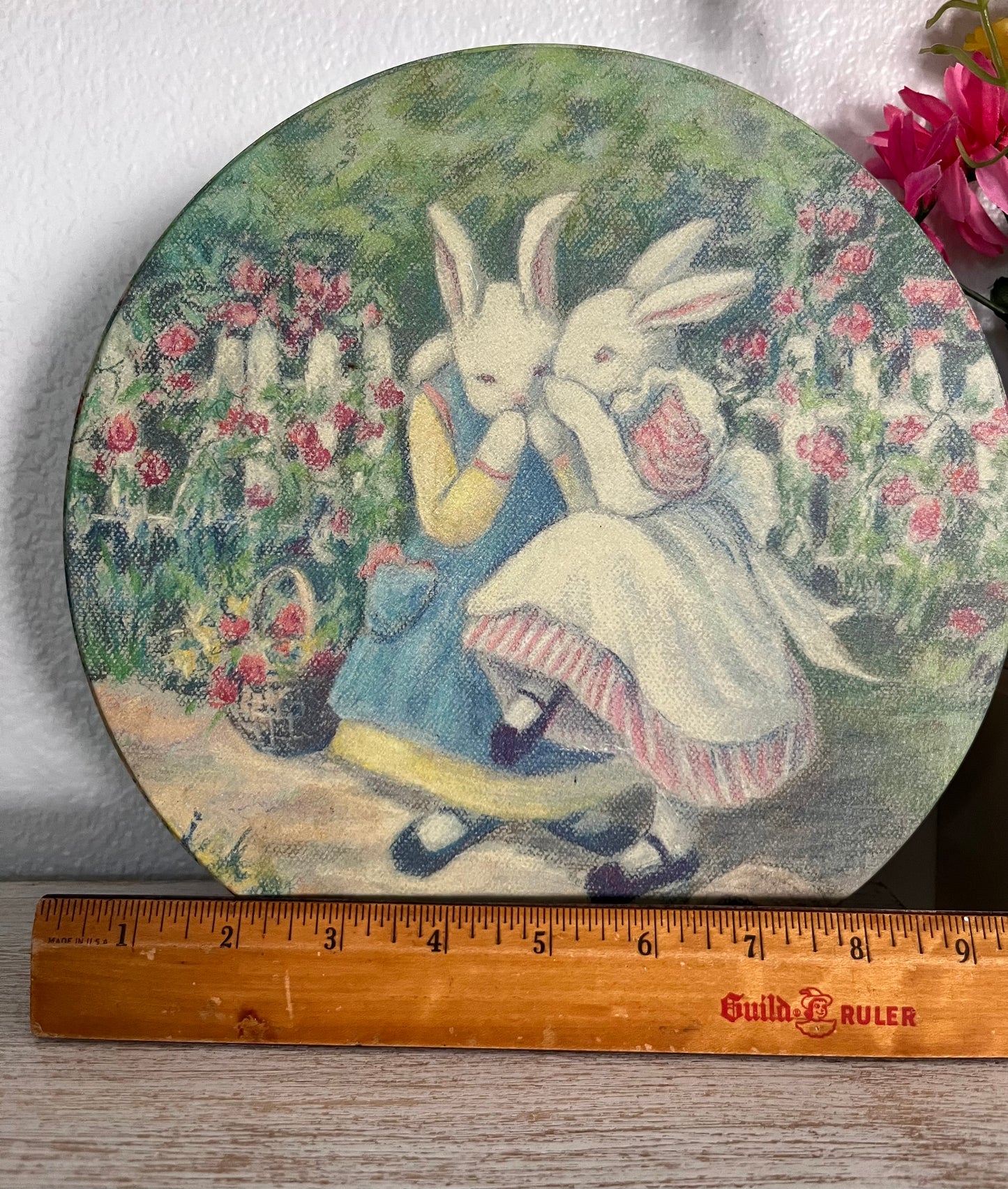 1980s Giggling Girl Bunny Rabbits In the Garden -Round Tin -