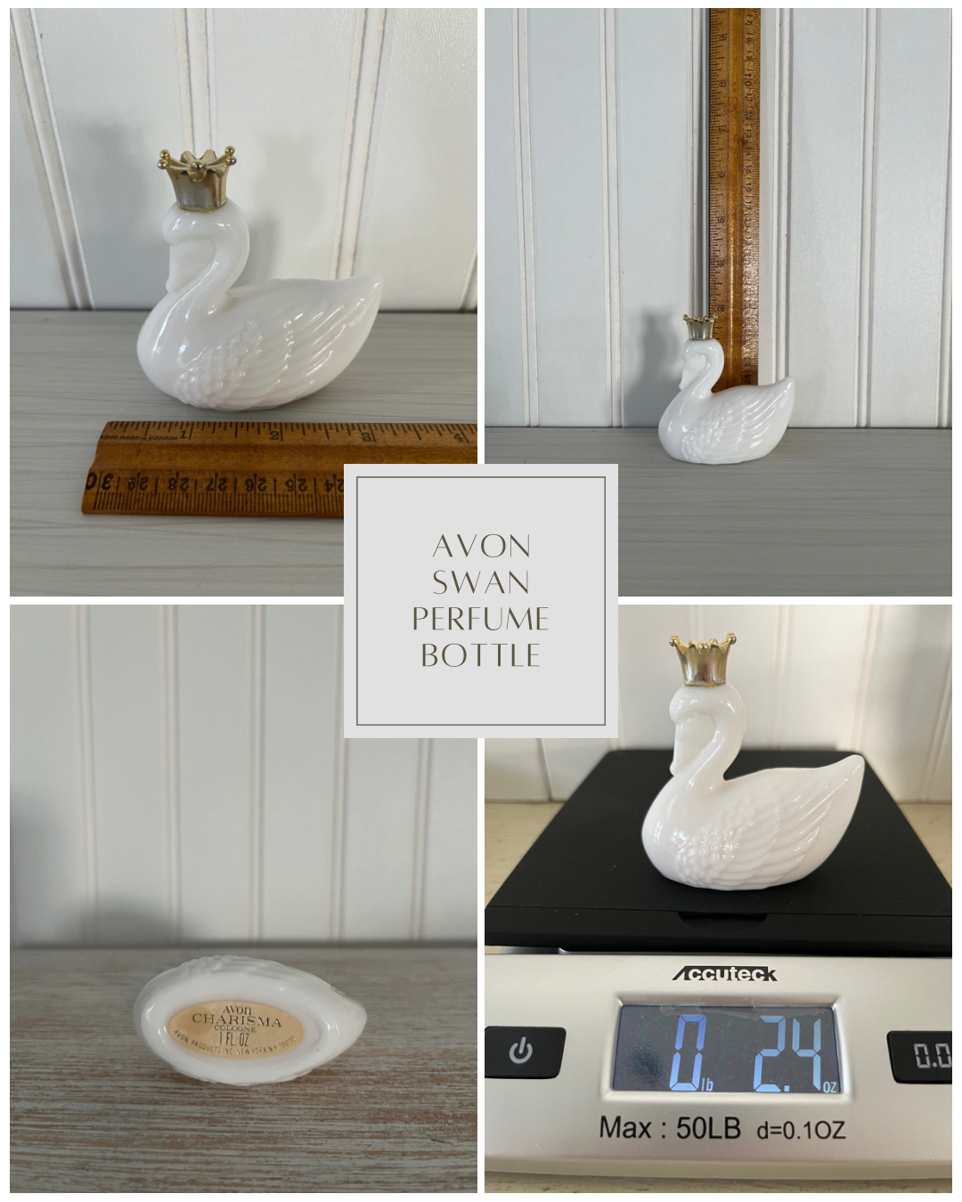 Vintage AVON Royal Swan Bird of Paradise Cologne White milk glass perfume bottle, circa 1974.