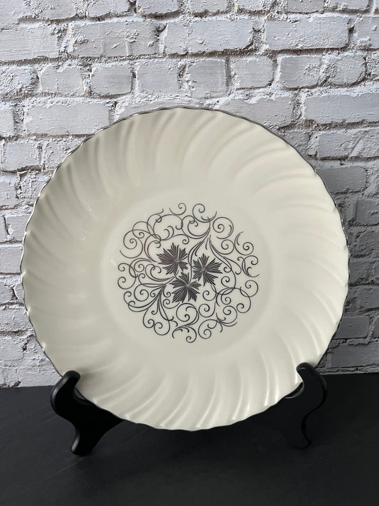 Vintage 1960s Lenox Valera China Dinner Plate – Black Floral Scroll Medallion with Silver Rim – 10” Mid-Century Elegant Tableware