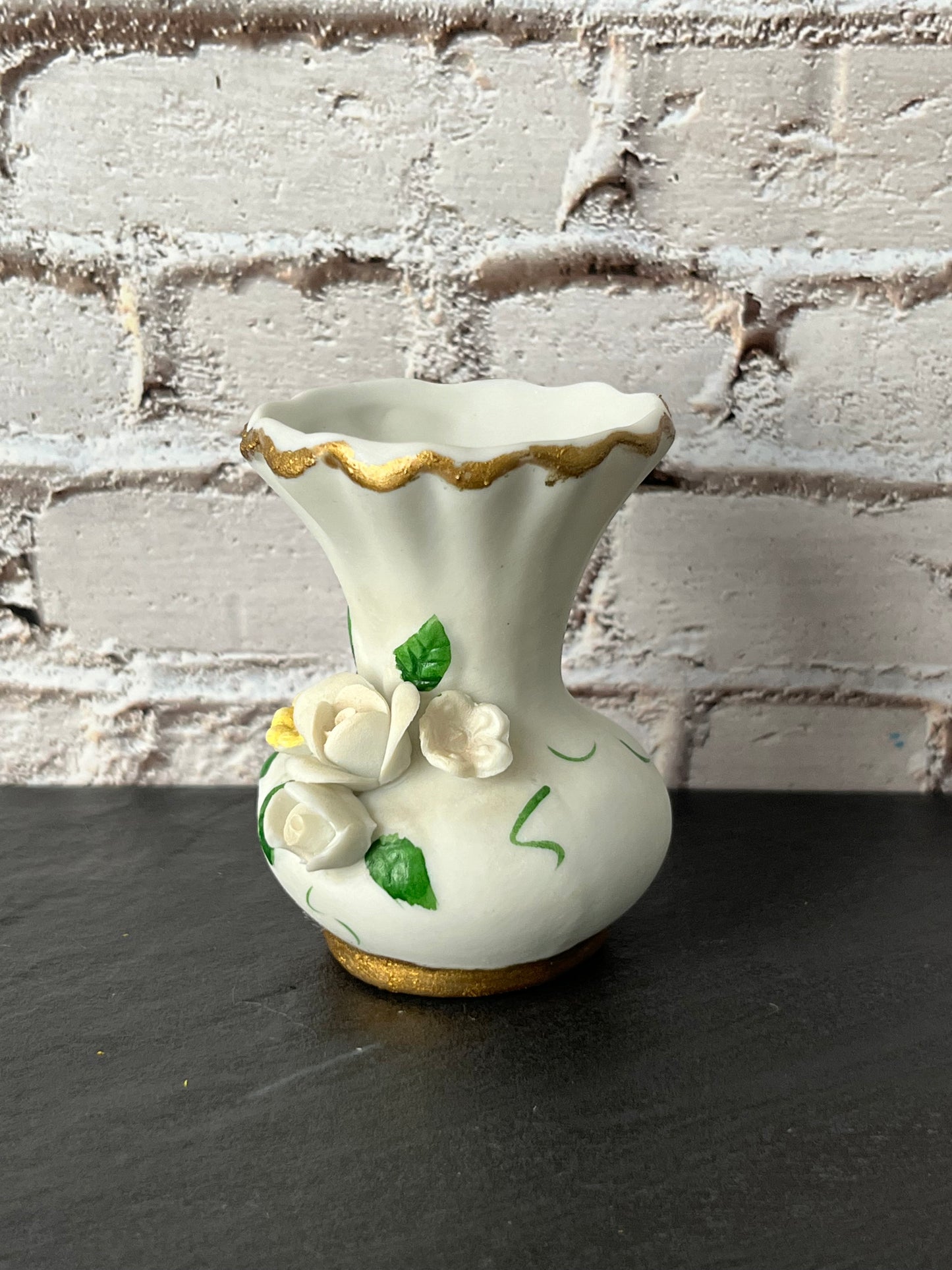 Vintage 1970s Mini Floral Vase White bisque Porcelain Bud Vase with Capodimonte style applied Roses – Made in Taiwan Gold Trim