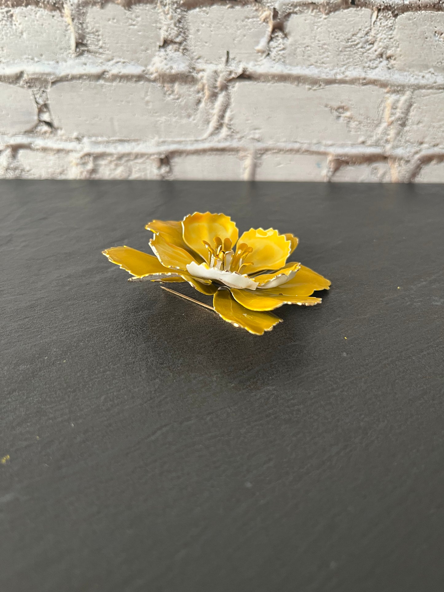 Vintage 1960’s Yellow Enamel Flower Brooch – Layered Petal Floral Pin, Mid-Century Statement Jewelry