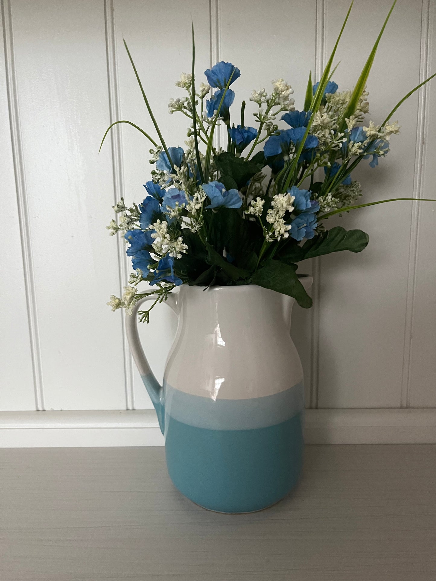 1960s Inspired Dip Glazed Art Pottery Pitcher Jug – Ombré Turquoise Blue & White Ceramic