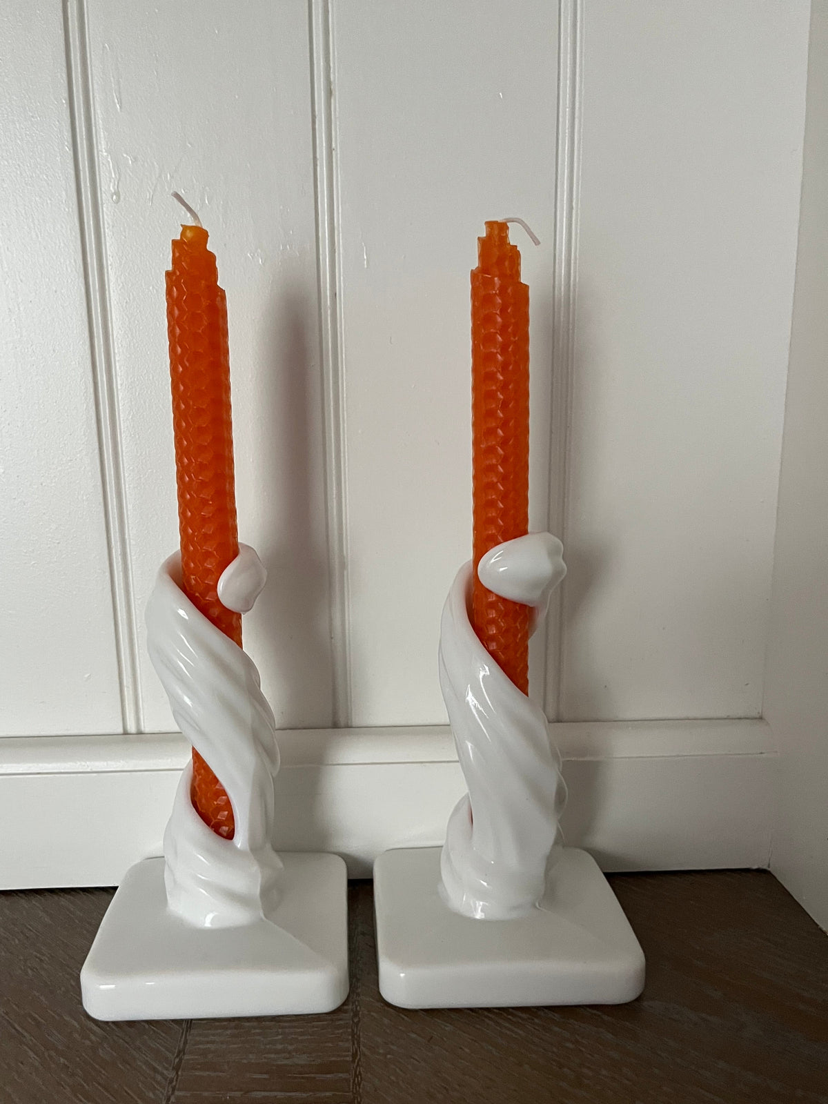 Mid-Century 1950s Westmoreland Lotus Spiral White Milk Glass Candle Holders – Set of 2