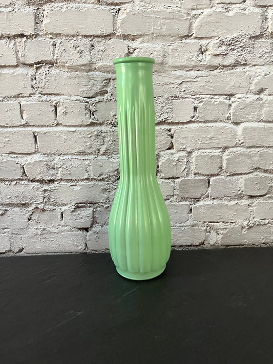 Vintage Hand-Painted Green Glass Ribbed Bud Vase | Jadeite-Style Floral Vase | c. 1940s–1950s