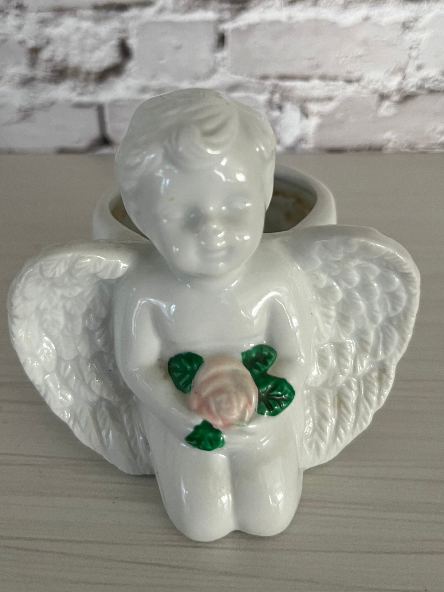 Vintage 1980s White Cherub Ceramic Planter – Rococo Angel Holding a Pink Rose