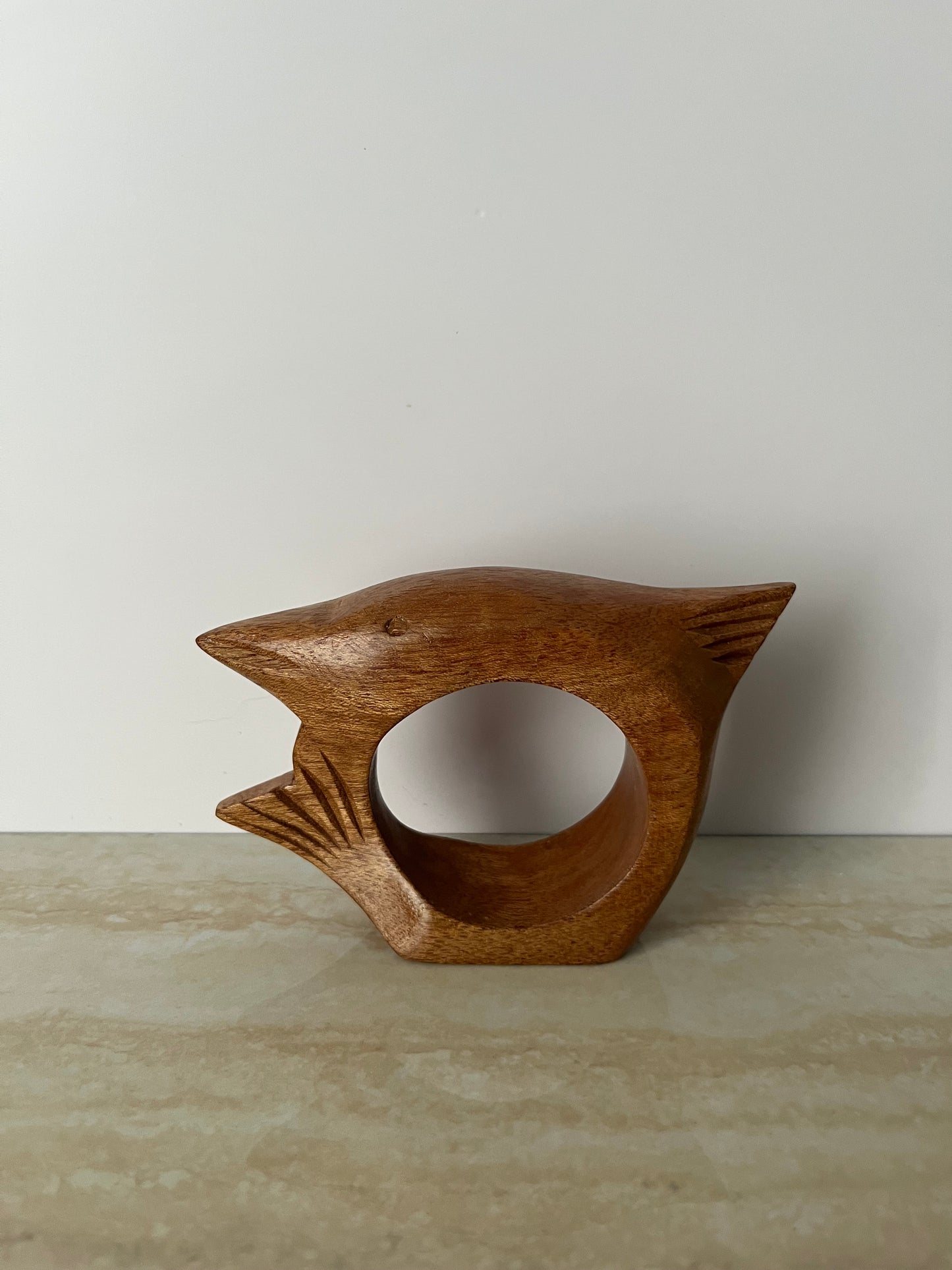 Vintage 1970s Hand-Carved Wooden Fish Napkin Rings – Sculptural Mid-Century Modern Set of 4