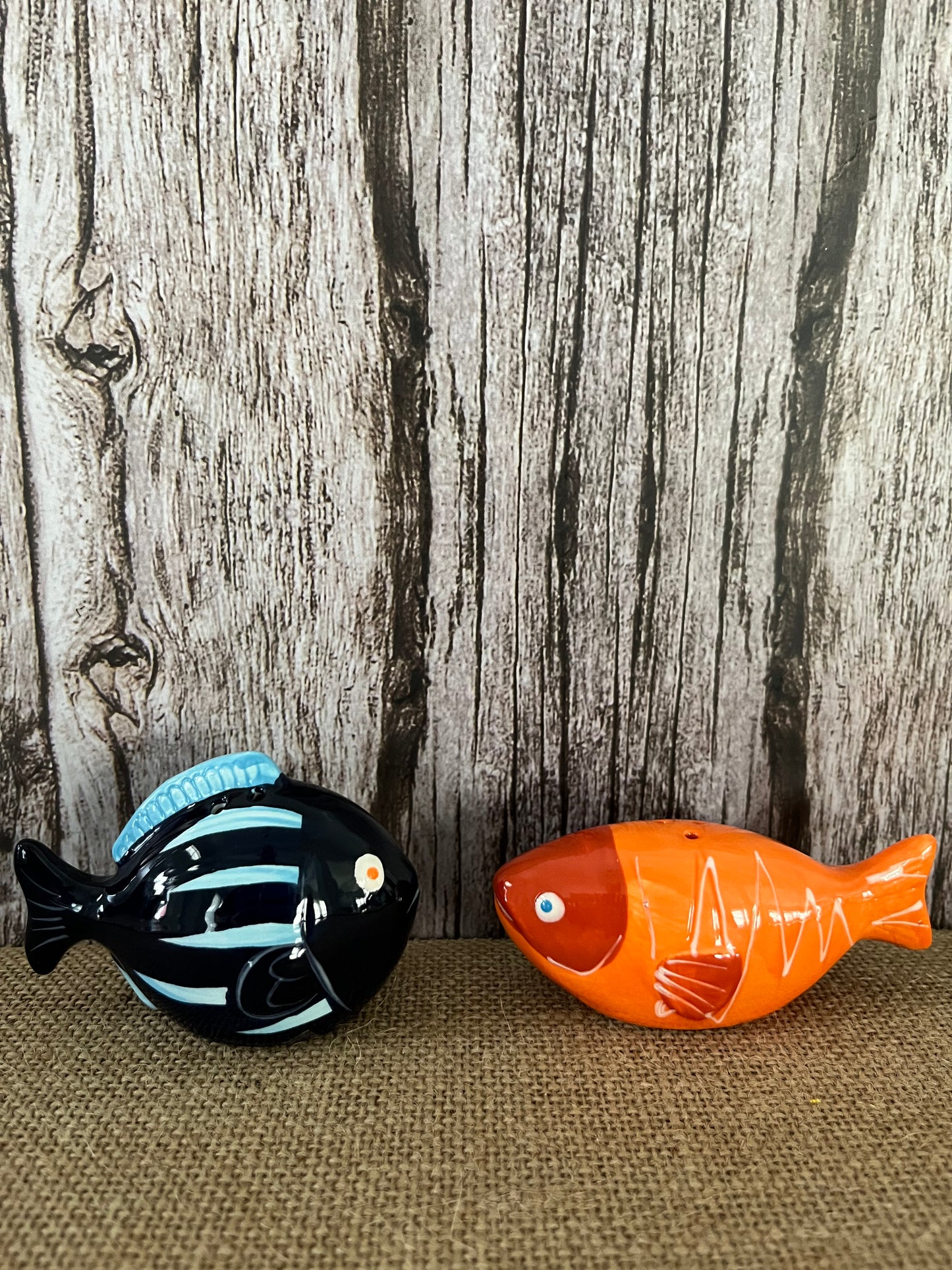 Beautiful Whimsical Bright Orange & Blue Fish Salt & Pepper Shakers,
