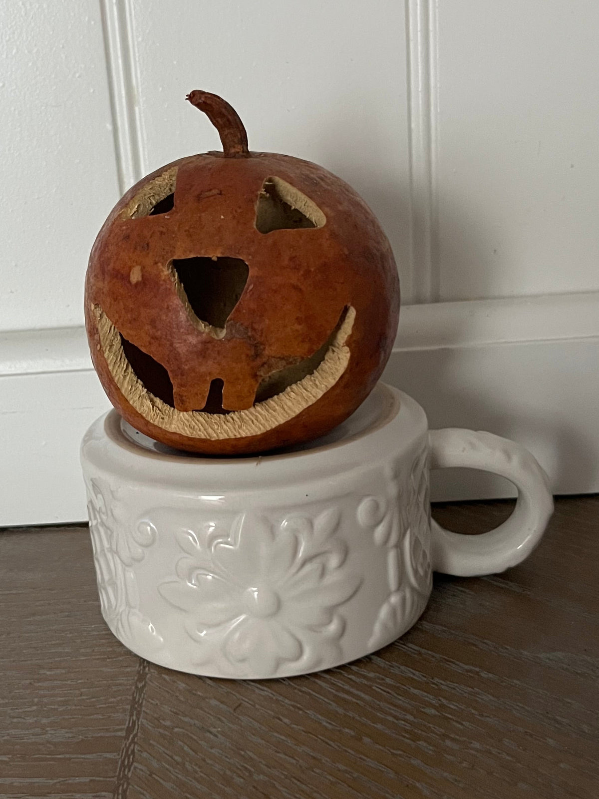 Small Hand-Carved Dried Gourd Jack-O’-Lantern | Artisan Folk Art Halloween Pumpkin | Candy Corn Manor