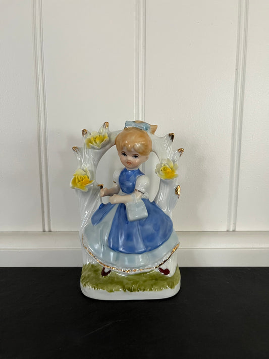Vintage c. 1970s Korean Porcelain Girl Figurine in Blue Dress with Yellow Roses Arch | Cottagecore Floral Shelf Decor | Kitsch Nursery Collectible