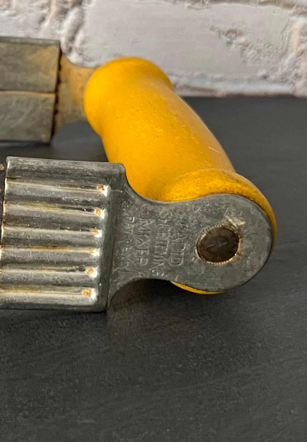 Vintage Androck “Rapid Shortening Mixer” Pastry Blender, c. 1940s Yellow Painted Wood Handle, Dough Cutter Baking Tool, Sunnyvale Yellow Kitchen
