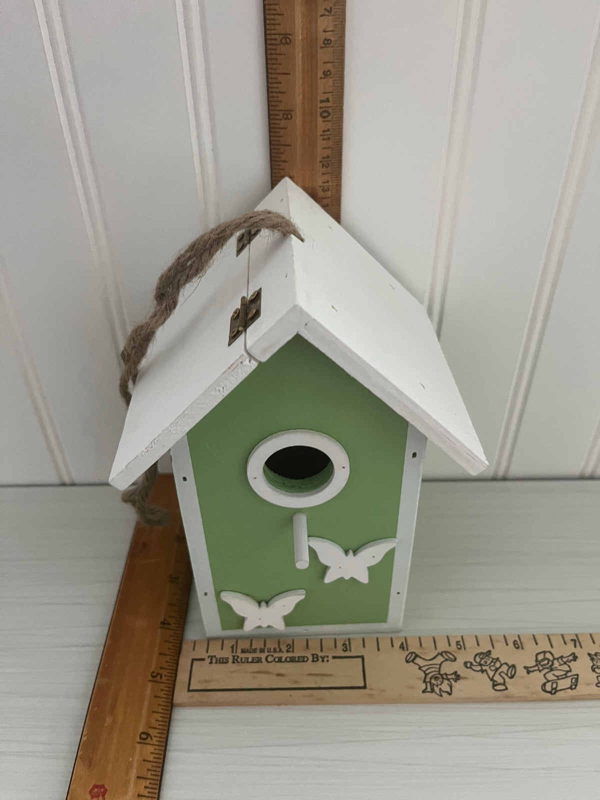 Vintage Style Adorable Small Green Birdhouse with butterfly appliqués