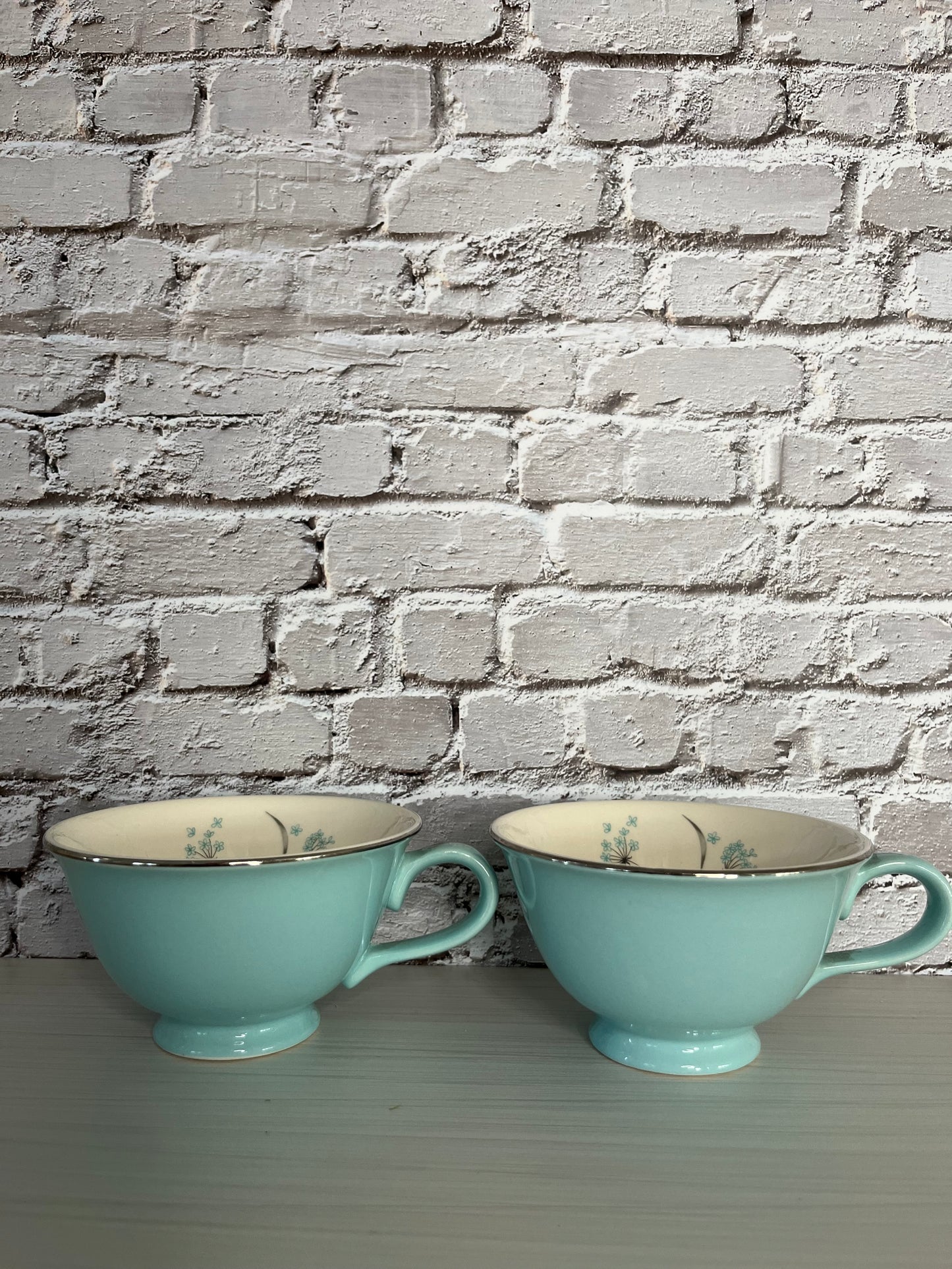Vintage 1950s Taylor Smith & Taylor “Versatile Aqua Blue Dandelion” Footed Coffee Cups – Set of 2