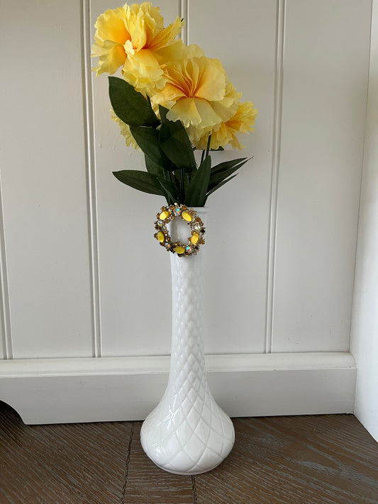 Vintage 1970s Milk Glass Bud Vase – Diamond Quilted Pattern, 9.5” Tall