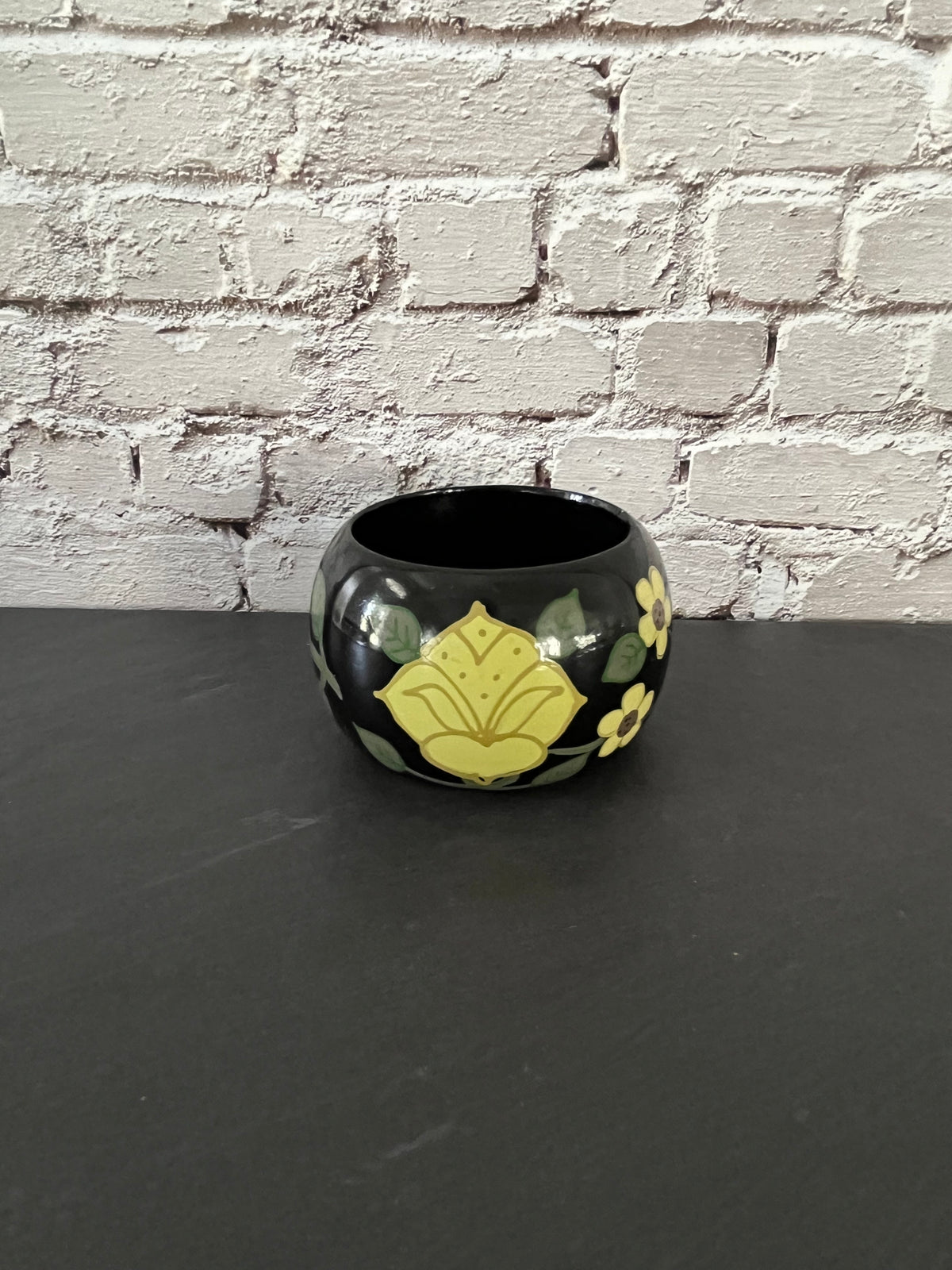 Vintage 1970s Boho Folk Art Hand-Painted Chunky Wooden Bangle Bracelet – Black & Yellow Floral Cuff – 2” small slip-on opening
