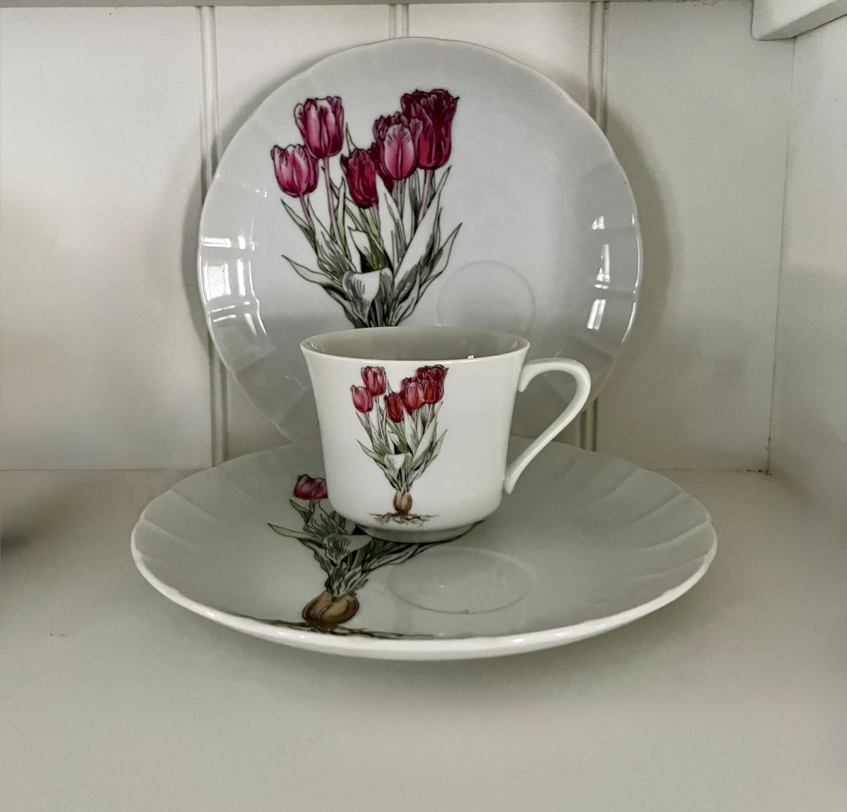 2 Vintage Pink Snack Plate & 1 Tea Cup Set Tulip by SEYMOUR MANN Botanical Modern Fine China