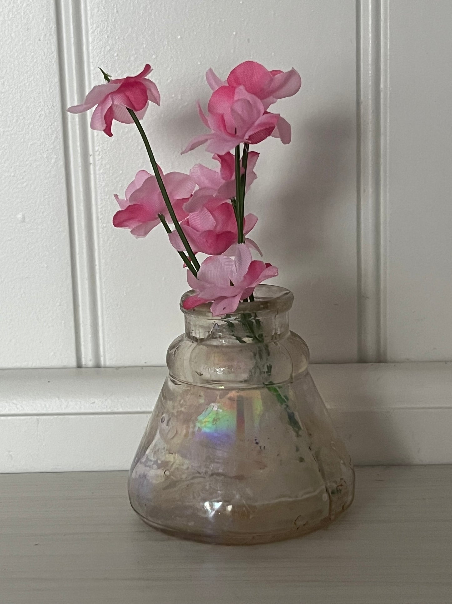 Antique Iridescent Clear Glass Ink Bottle — Late 1800s to Early 1900s Writing Desk Collectible