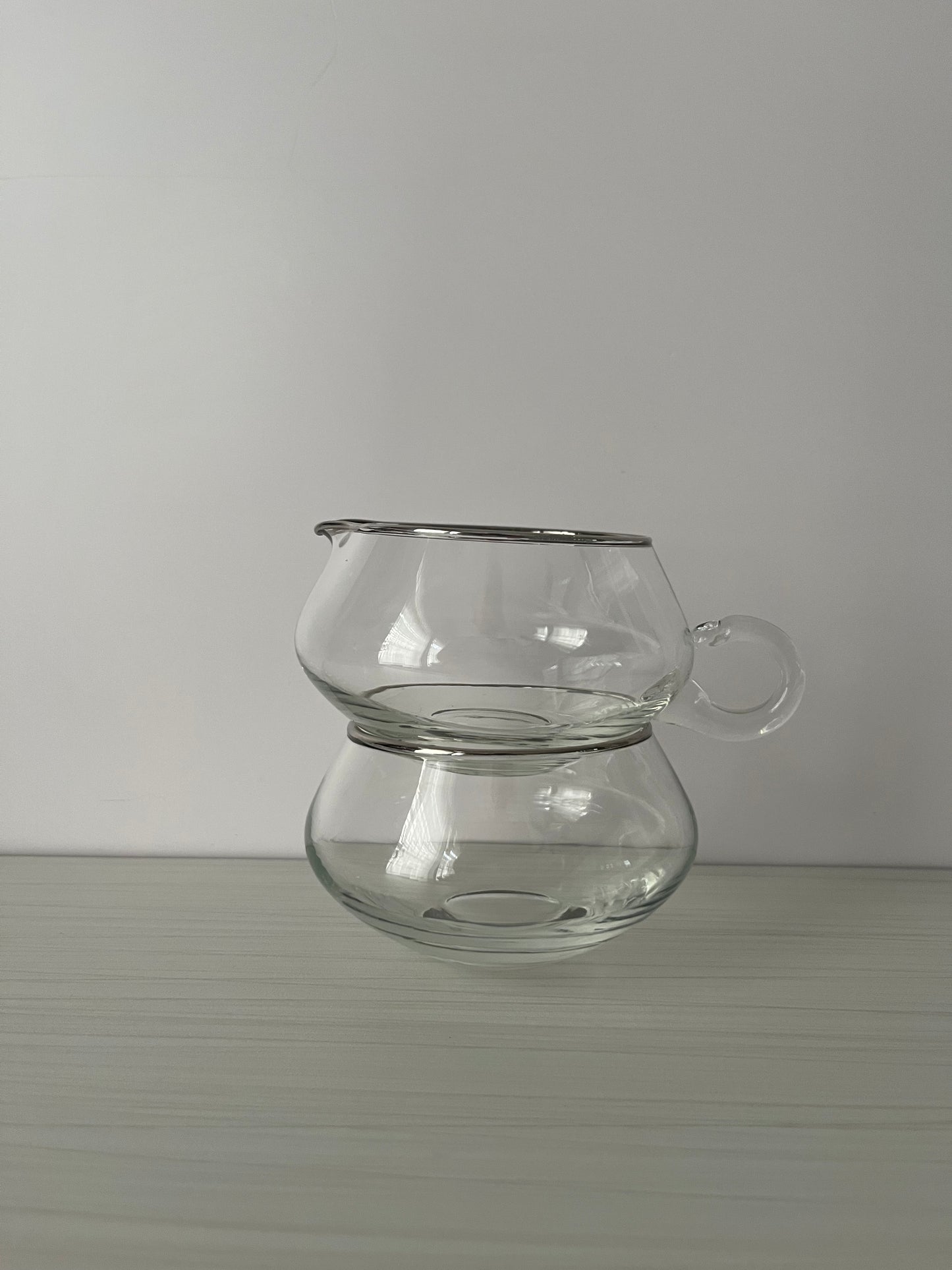Vintage 1970s Stackable Clear Glass Creamer & Open Sugar Bowl Set with Silver Rim – Mid Century Modern Coffee Bar Serveware