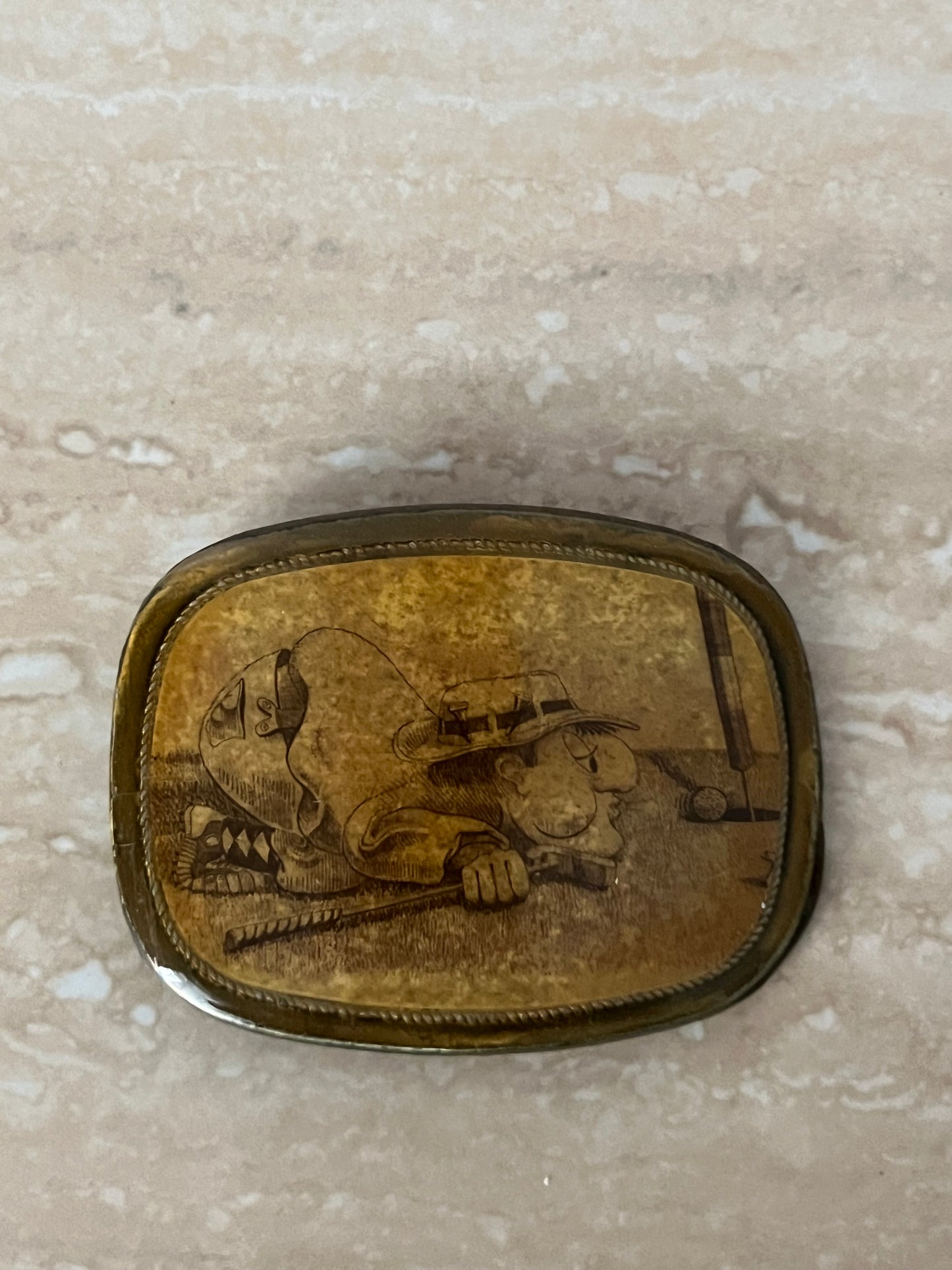 Vintage 1970s Fisherman Golfer Novelty Belt Buckle – Scrimshaw Style Fishing Humor Buckle – Retro Sportsman Collectible