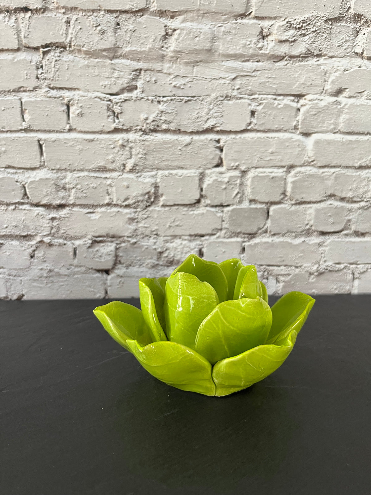 Vintage Style Chartreuse Lime Green Ceramic Lotus Flower Tealight Holder | Sculptural Botanical