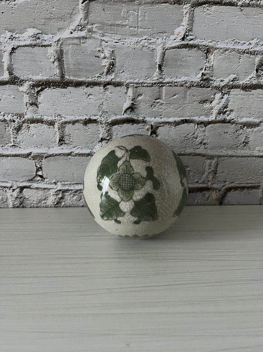 Retro Victorian-Style Green Floral Ceramic Carpet Ball / Decor Sphere (3”)