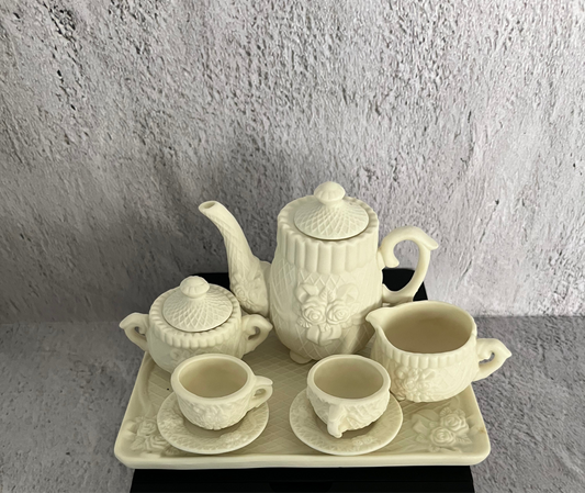 Miniature Rose Lattice Bisque Tea Set – 1998 Treasury of Gifts 10-Piece Jade Porcelain Collectible