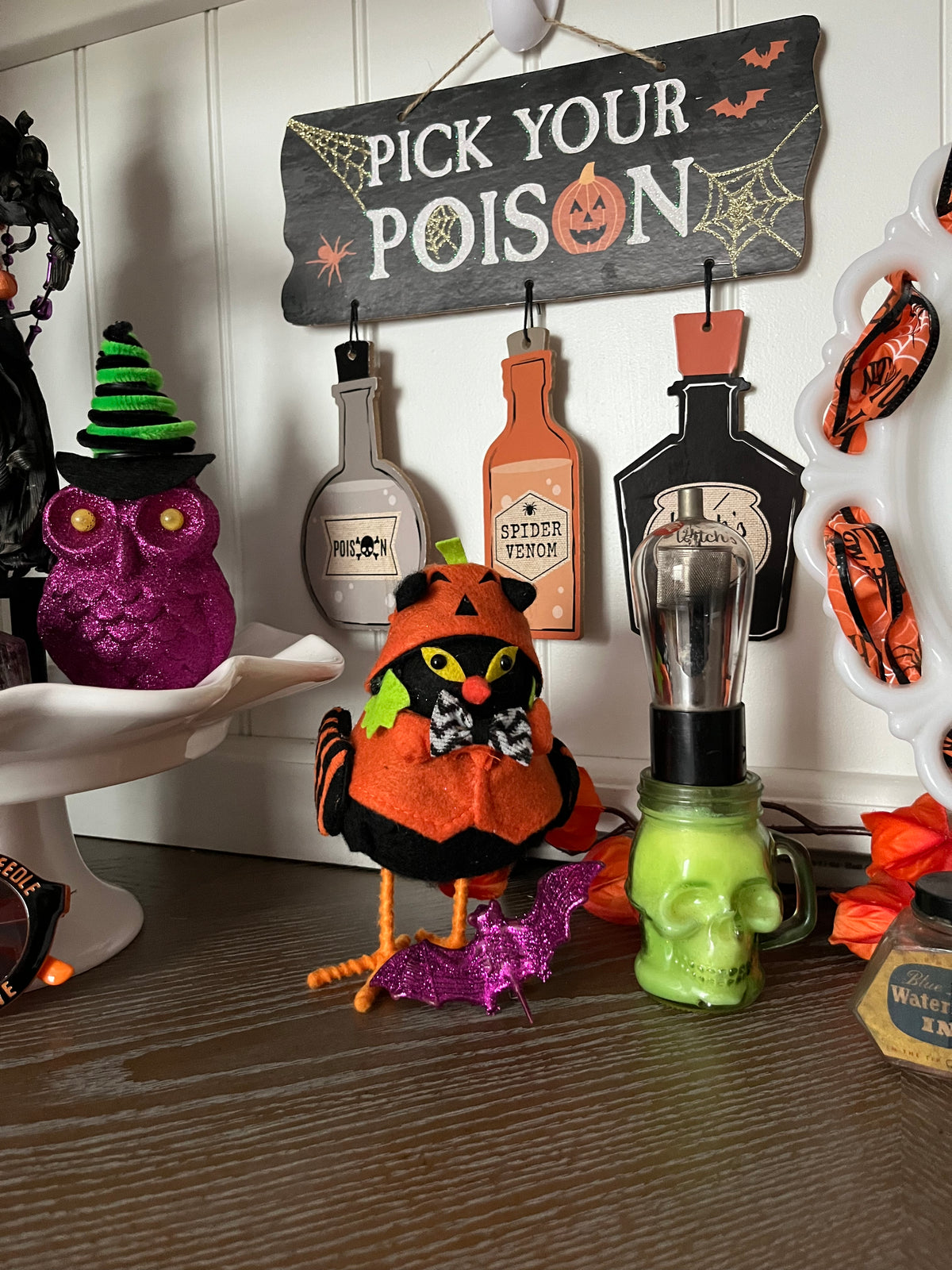 Retro Halloween Black Cat Bird Figurine in Pumpkin Costume | Felt Shelf Décor | 6”