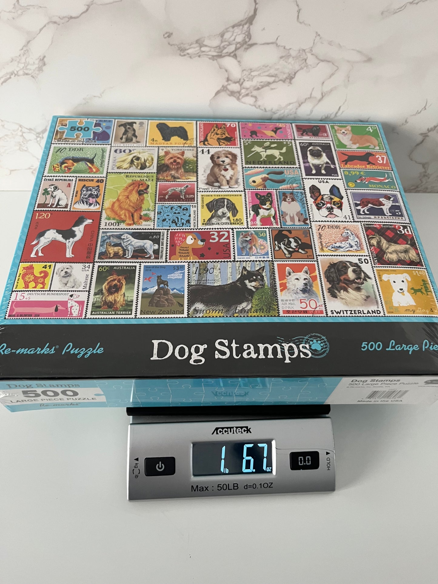 Sealed 2010s Re-marks “Dog Stamps” 500 Large Piece Puzzle — USA Made Postal Ephemera Dog Breed Collage Puzzle