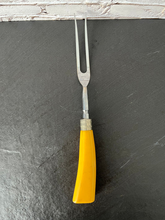 Vintage Mid-Century Yellow Handle Carving Fork with Greek Key Accent | Retro Atomic Kitchen Serving Utensil