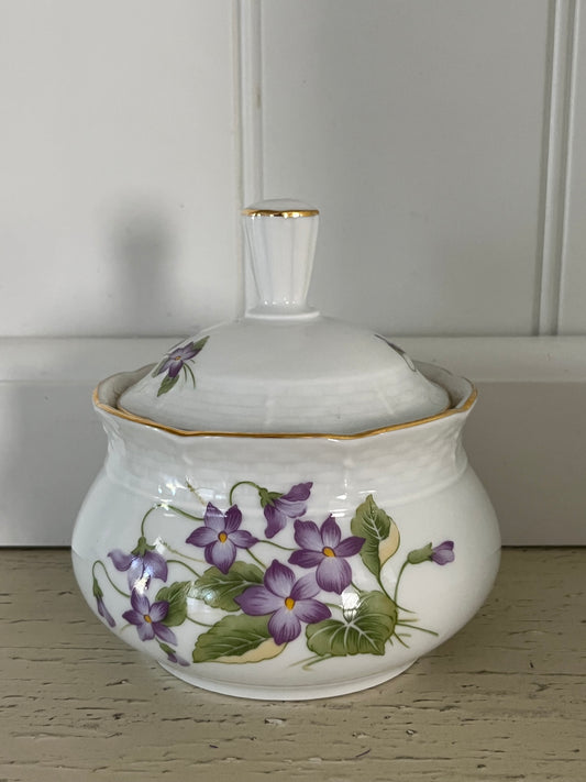 Vintage 1970’s Thun Czechoslovakian Karlovarsky Victorian Violets Porcelain Floral Sugar with Lid