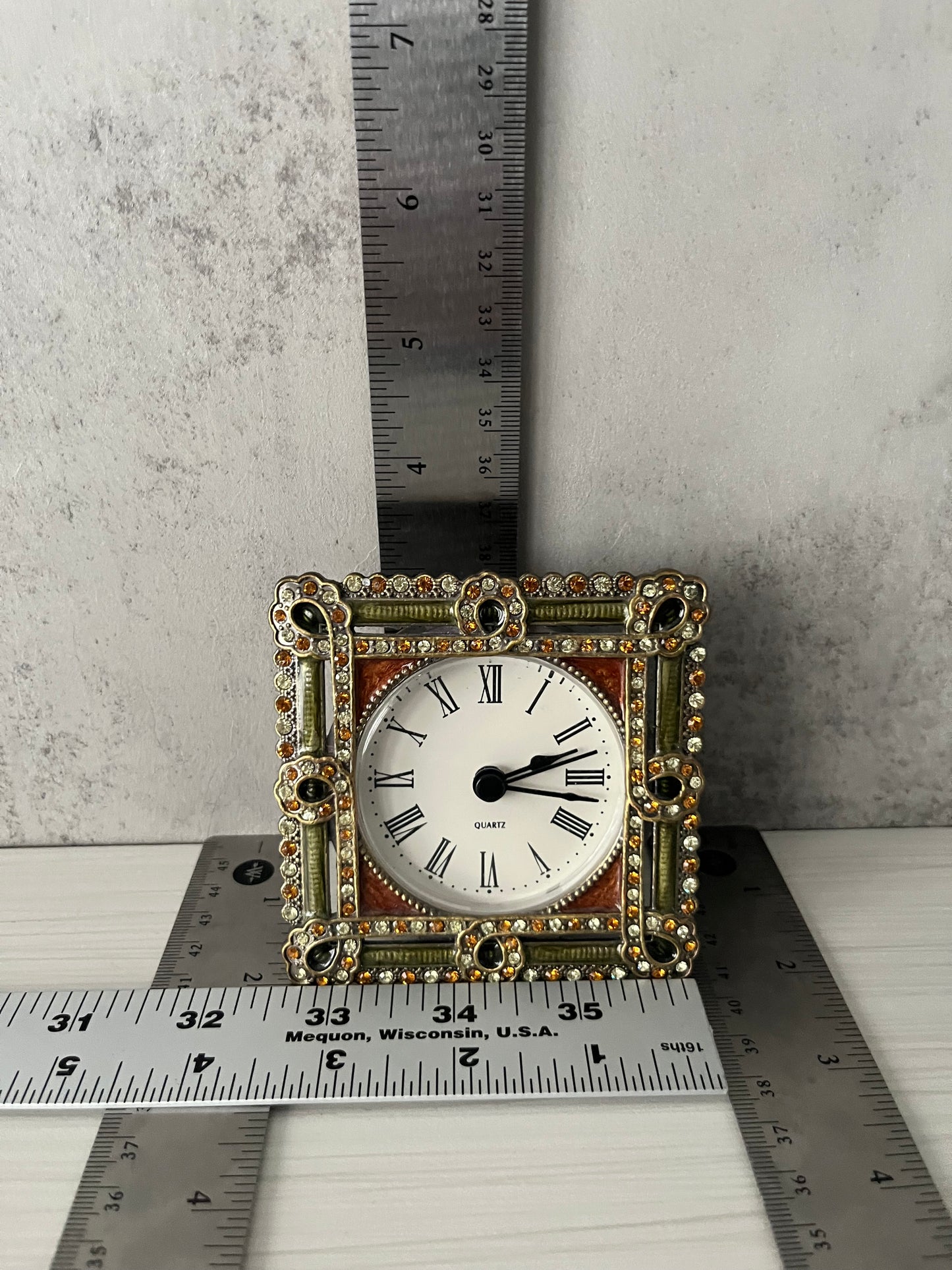 1990s Vintage Art Deco Style Jeweled Vanity Clock – Ornate Rhinestone Desk / Table Clock with Roman Numerals