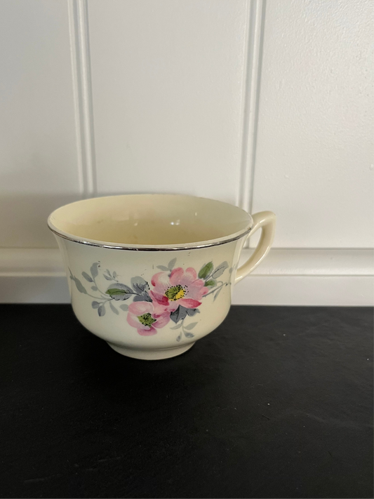1940s Vintage W.S. George “Blossom” Teacup – Fine Porcelain with Platinum Trim, Pink Floral, USA