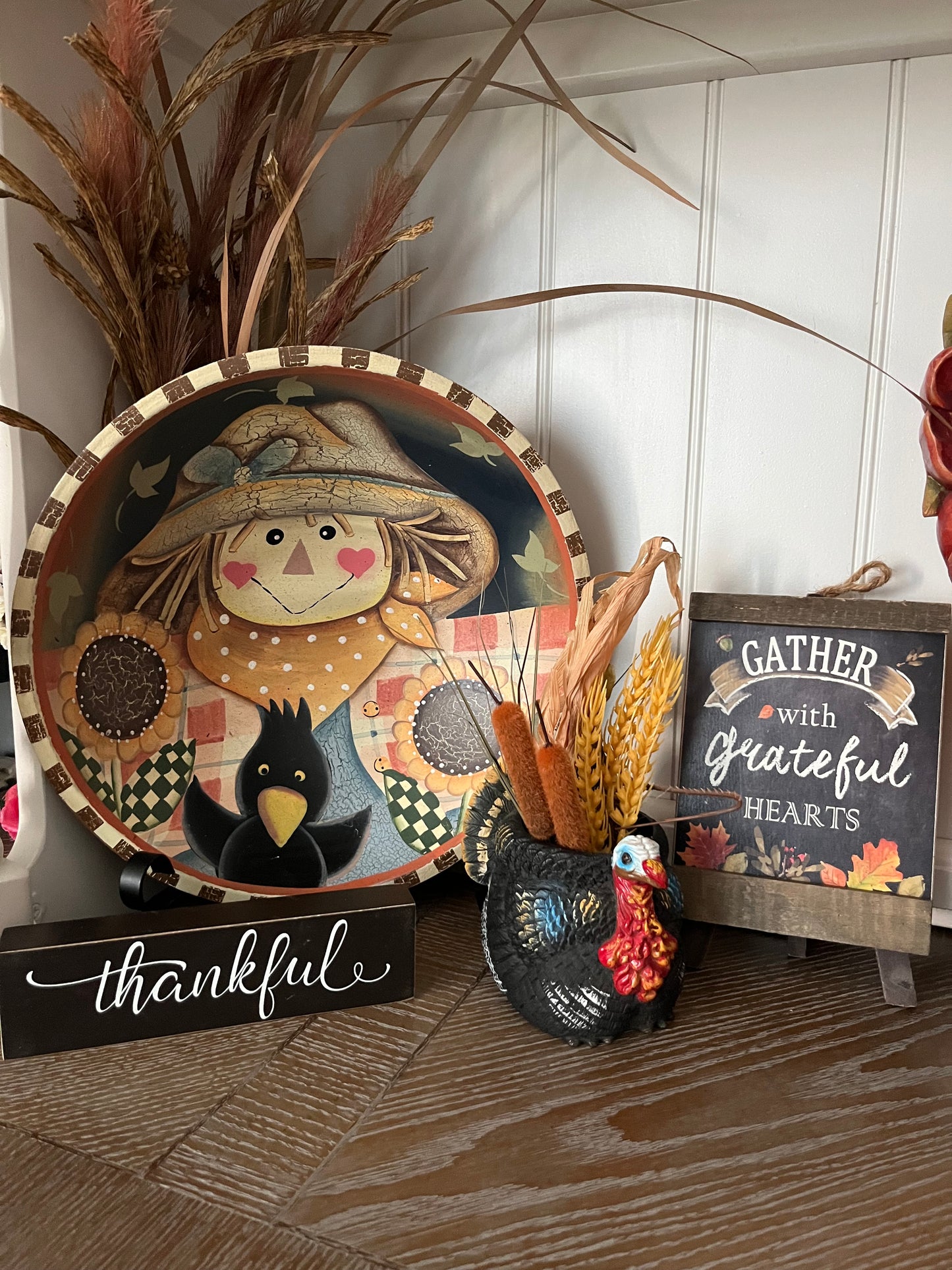 Vintage Hand-Painted Wooden Scarecrow Bowl – Folk Art Fall Harvest Décor (1990s)