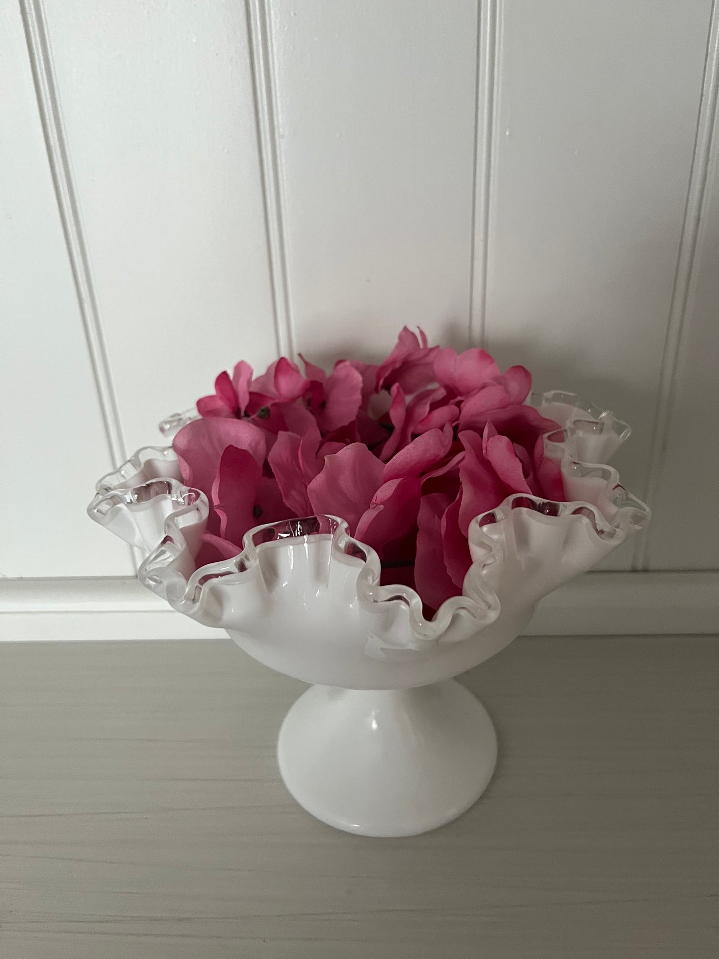 Vintage Fenton Silvercrest Large Ruffled Edge Pedestal Bowl Compote - 1950s White Milk Glass