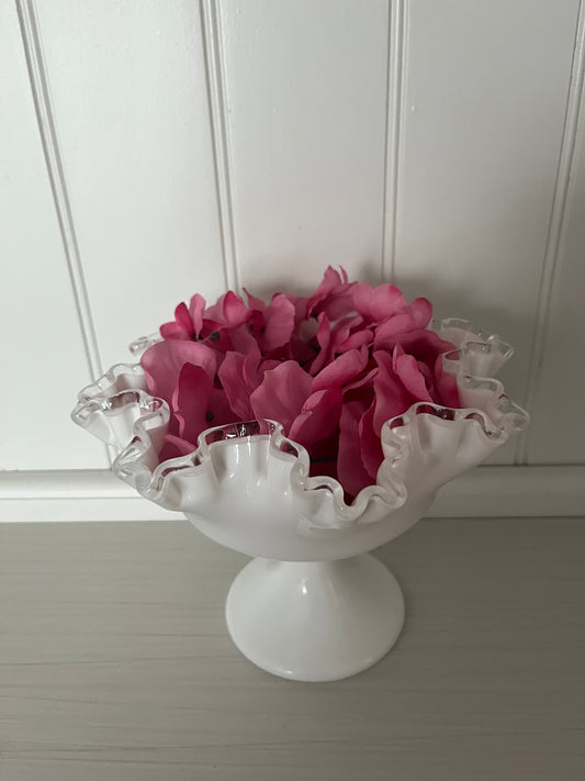 Vintage Fenton Silvercrest Large Ruffled Edge Pedestal Bowl Compote - 1950s White Milk Glass