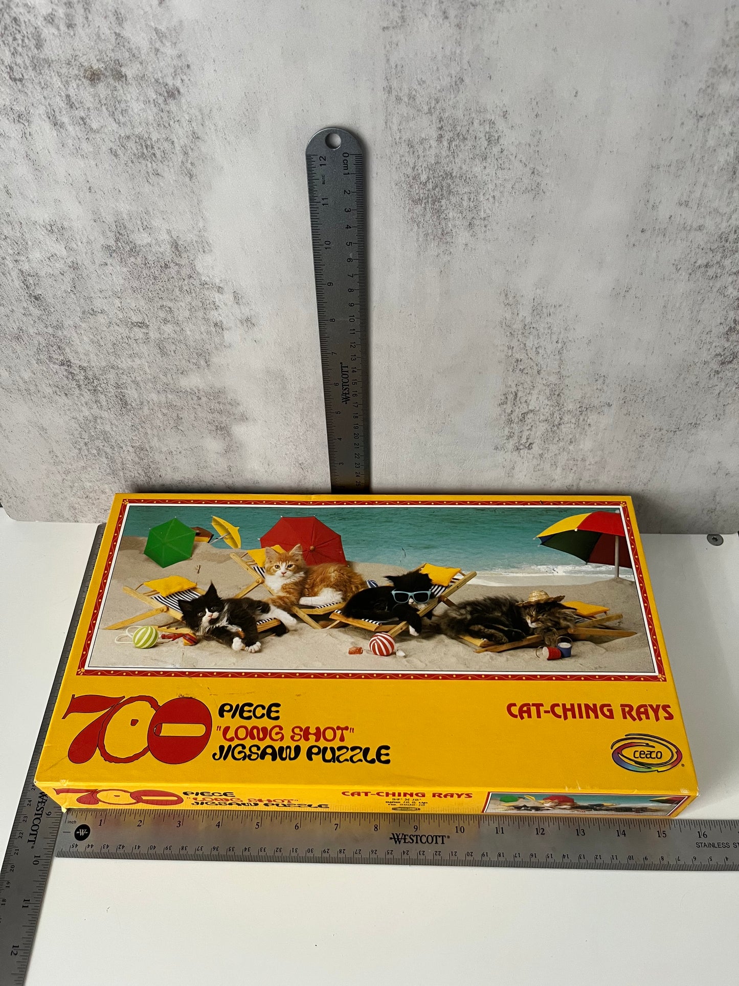 Vintage Cat Beach Scene 700 Piece Late 1990s Ceaco “Cat-Ching Rays” Long Shot Jigsaw Puzzle —