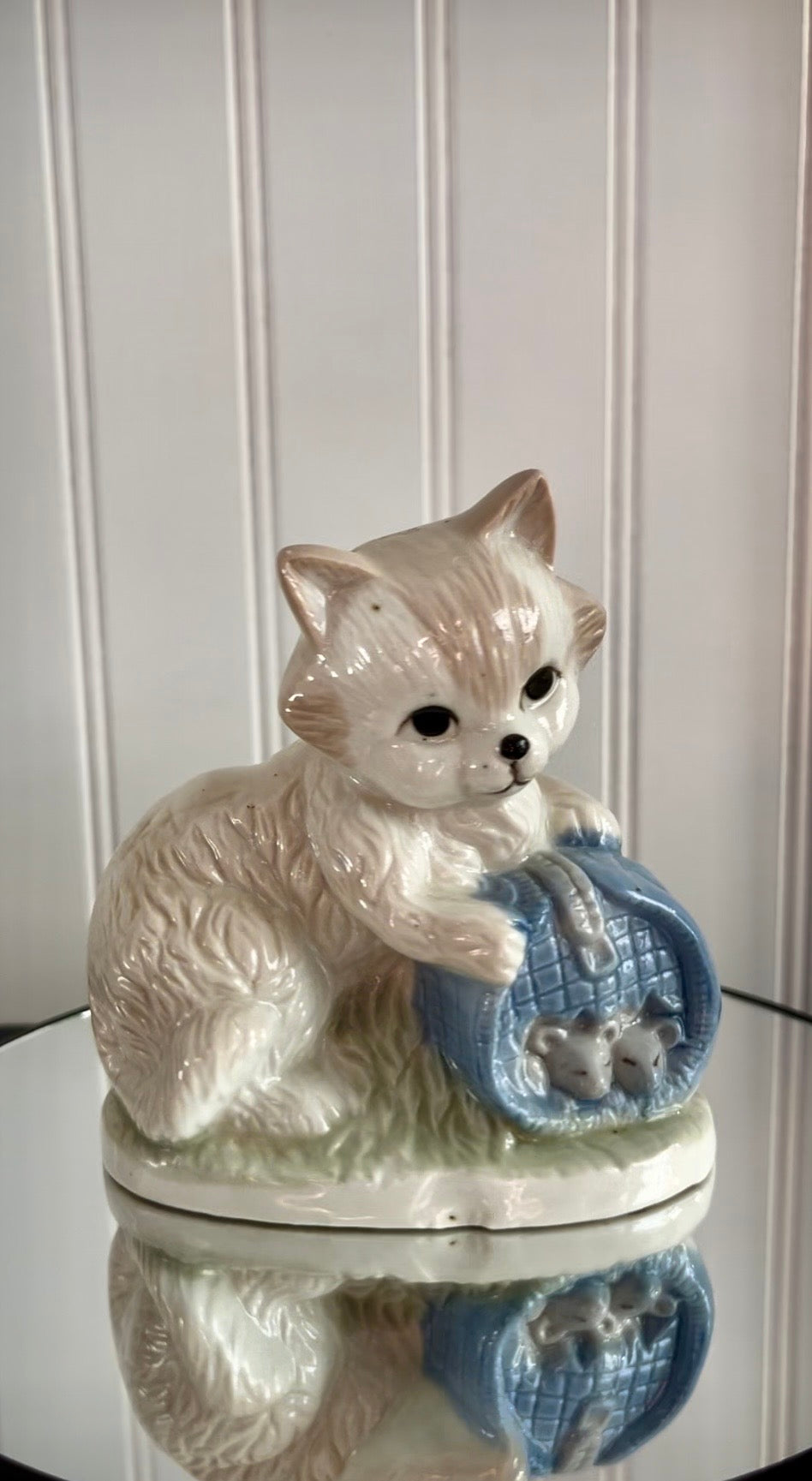 Vintage Kitsch  Artmark Cat with Mice in Blue Basket Porcelain Figurine | 1970s–80s
