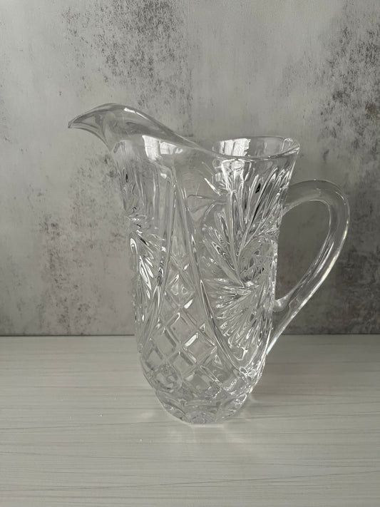 Vintage Cut Crystal Pitcher – Pinwheel Hobstar Brunswick Pattern – 8” Clear Crystal Water or Juice Pitcher – Mid Century Glassware