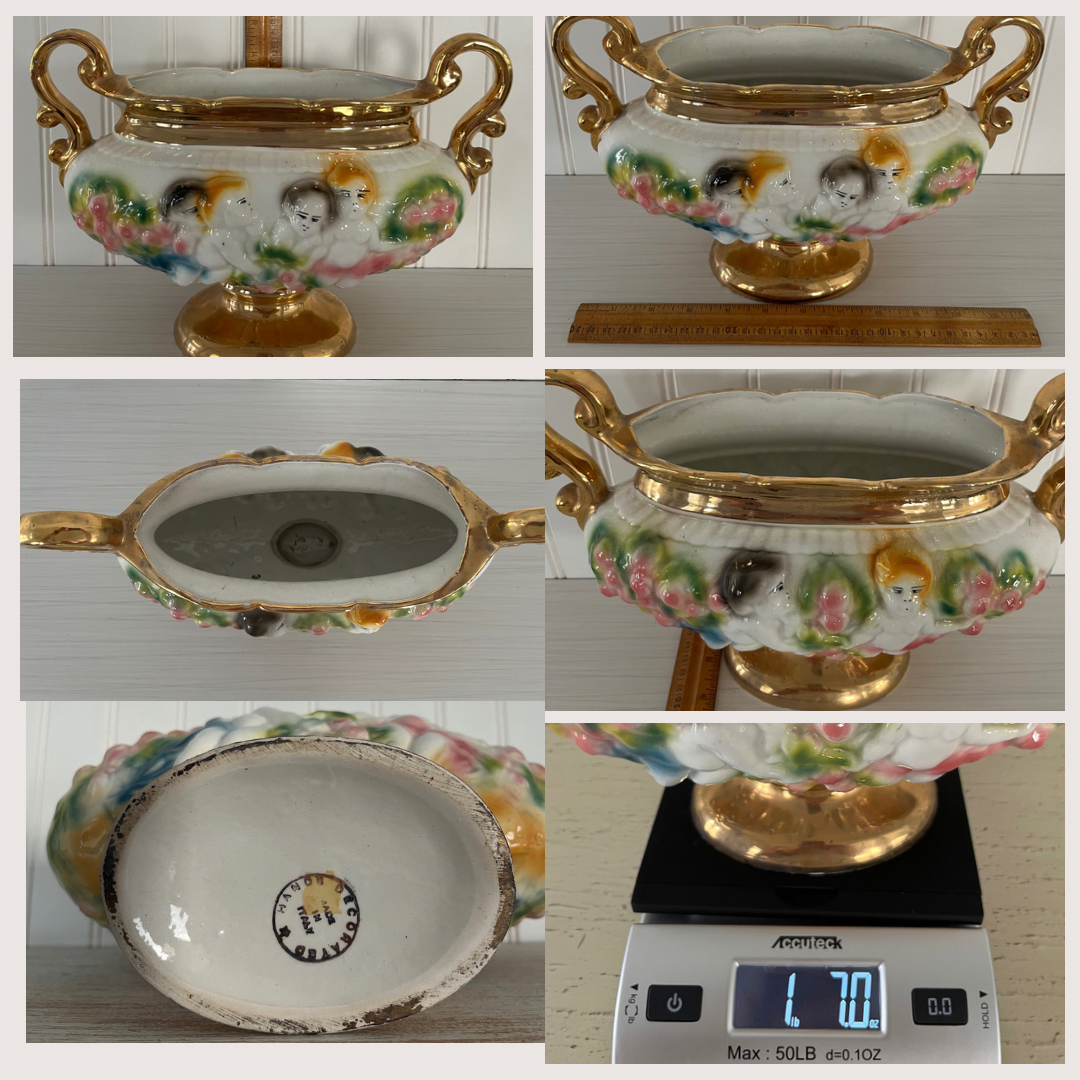Quirky Neo-Baroque Gold Accented Double Handled Ugly Cherubs Tureen/Urn Pedestal Vase
