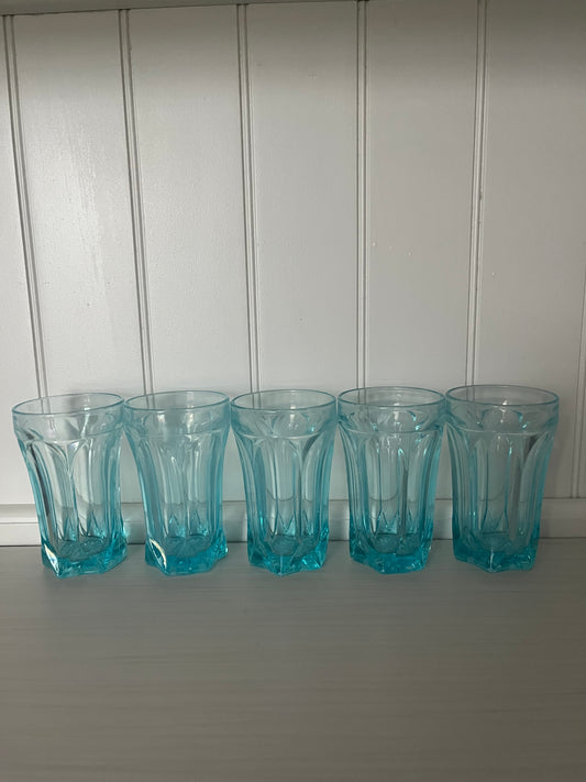 Set of 5 Anchor Hocking “Fairfield” Light Blue Pressed Glass Tumblers – 10 oz, c. 1970s