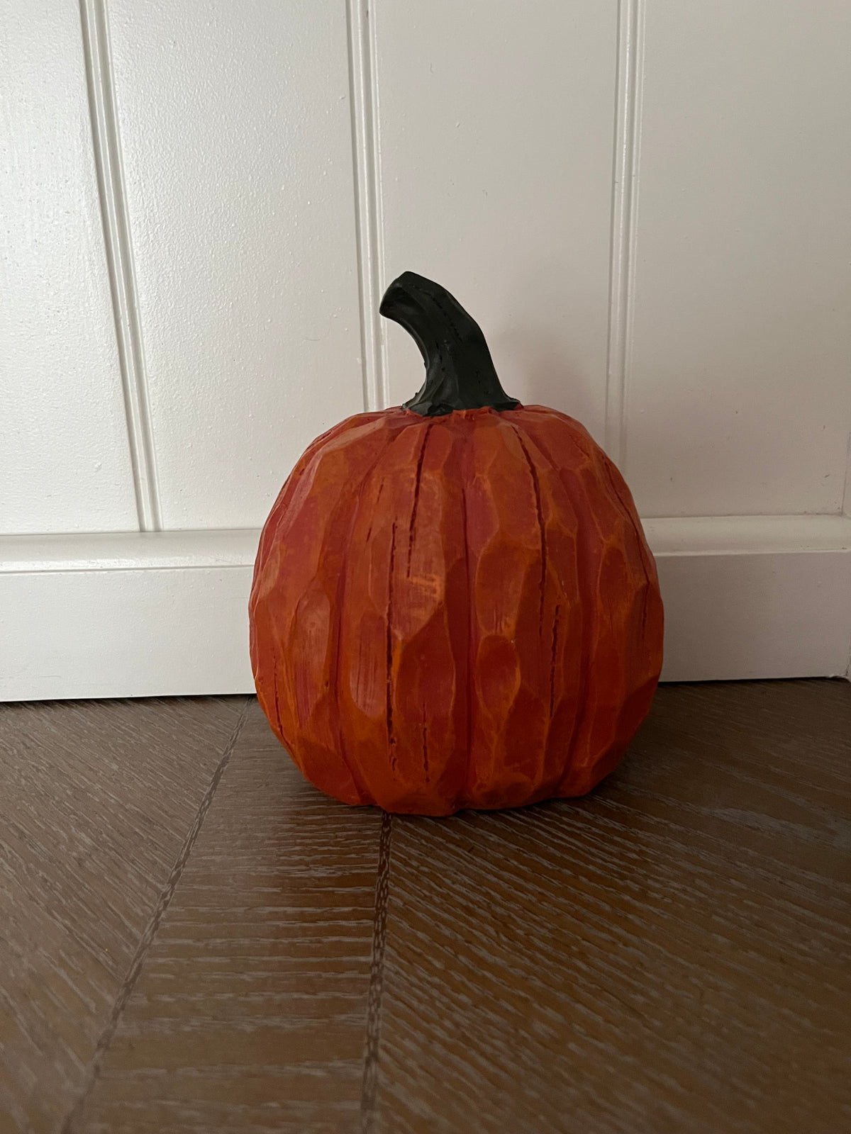 Carved-Wood Look Orange 5 1/2” Pumpkin Figurine | Folk Art Style Fall & Halloween Décor