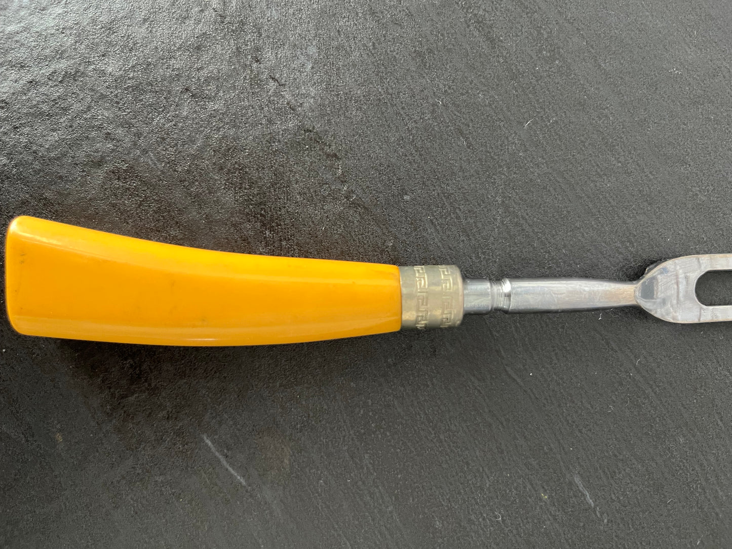 Vintage Mid-Century Yellow Handle Carving Fork with Greek Key Accent | Retro Atomic Kitchen Serving Utensil