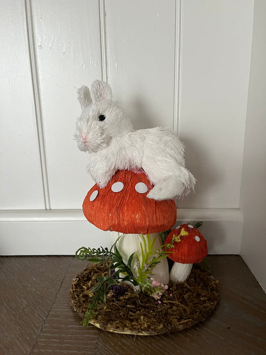 Whimsical Bunny on Toadstool Mushroom Figurine – Cottage Woodland Décor, c. 1990s