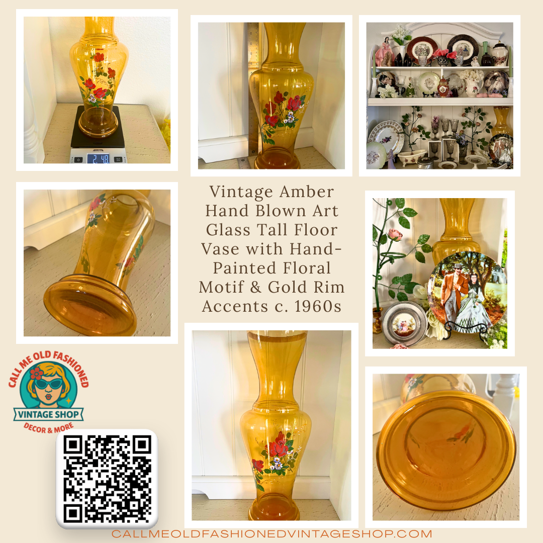 Vintage Amber Hand Blown Glass Tall Floor Vase with Hand-Painted Floral Motif & Gold Rim Accents c. 1960s