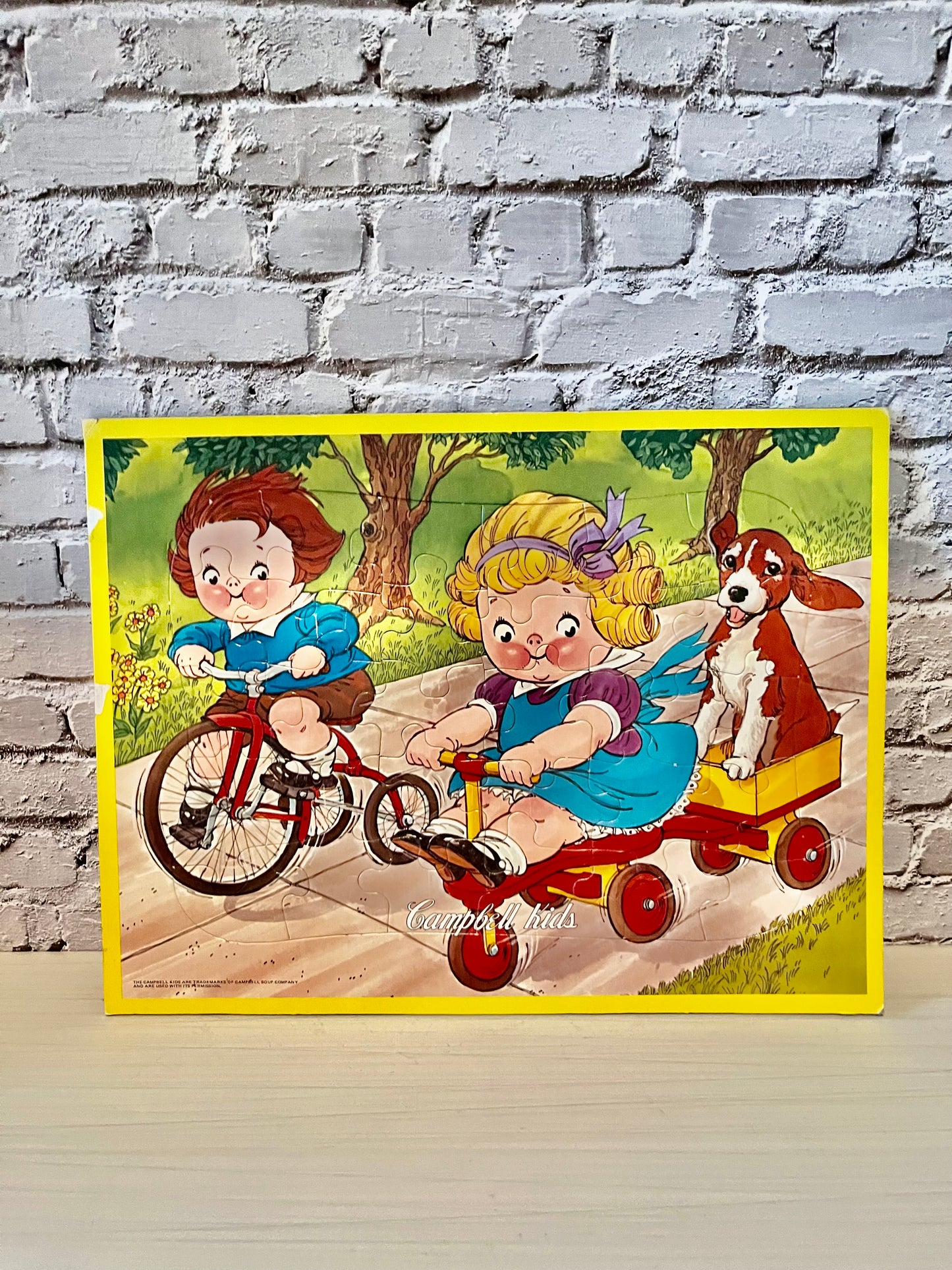 Vintage  1960’s Campbell Kids Bicycle Puzzle Tray Board | Retro Wooden Nursery Puzzle | Campbell Soup Advertising Collectible