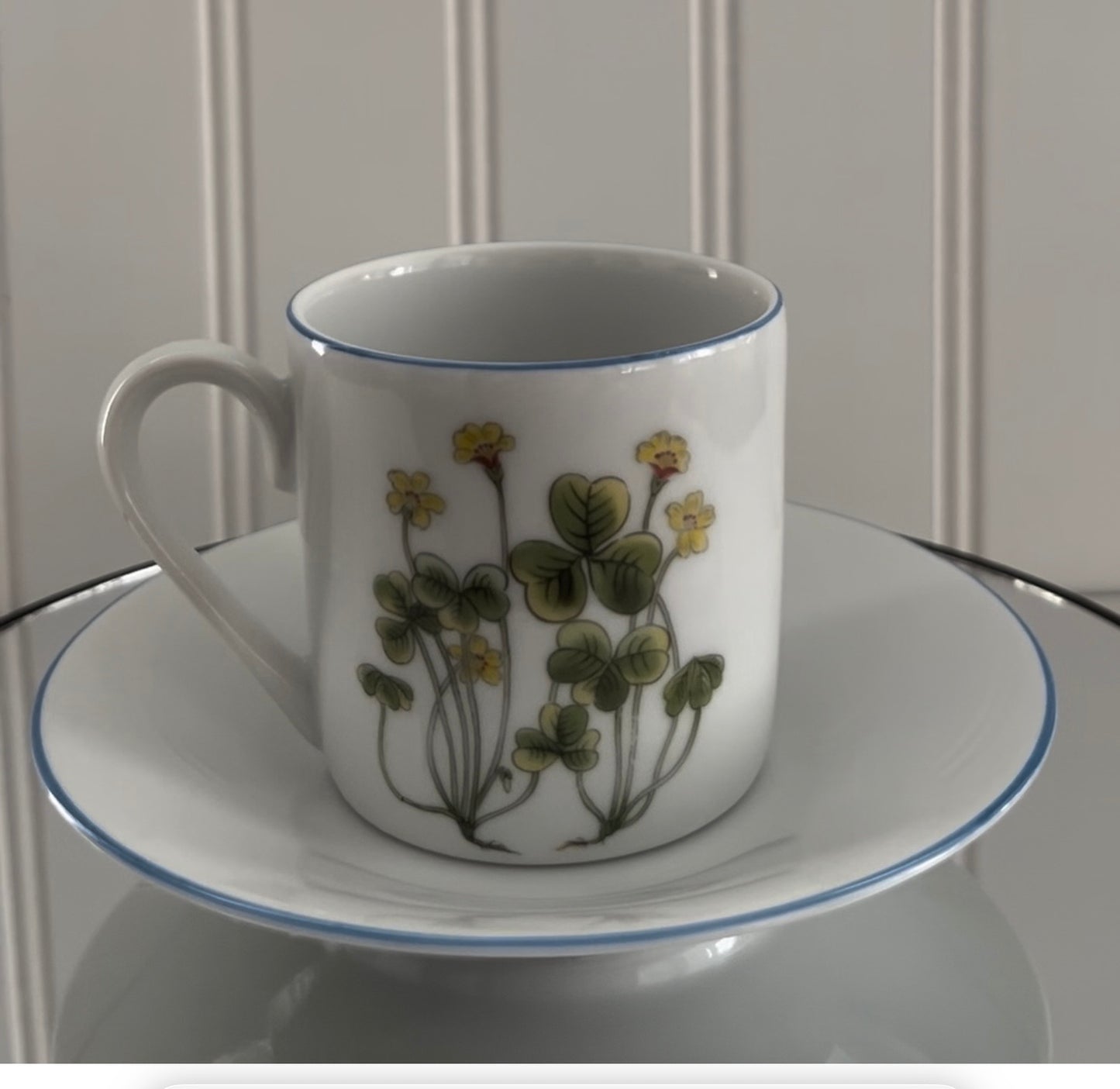 Vintage c.1980s  Porsgrund porcelain demitasse Tea cup and saucer from the Mountain Flower series Yellow Oxalis Shamrock Wood Sorrel Flora