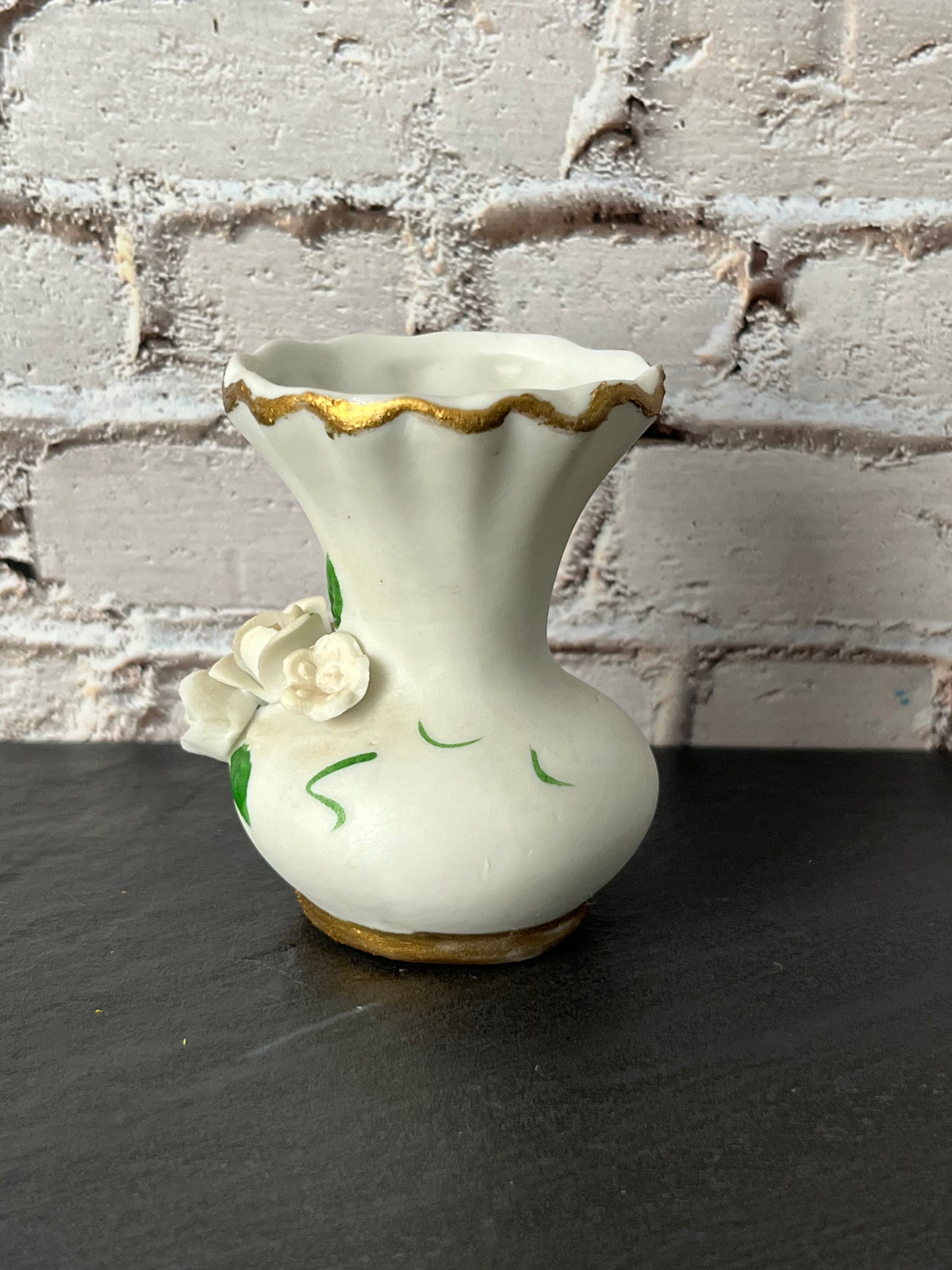 Vintage 1970s Mini Floral Vase White bisque Porcelain Bud Vase with Capodimonte style applied Roses – Made in Taiwan Gold Trim