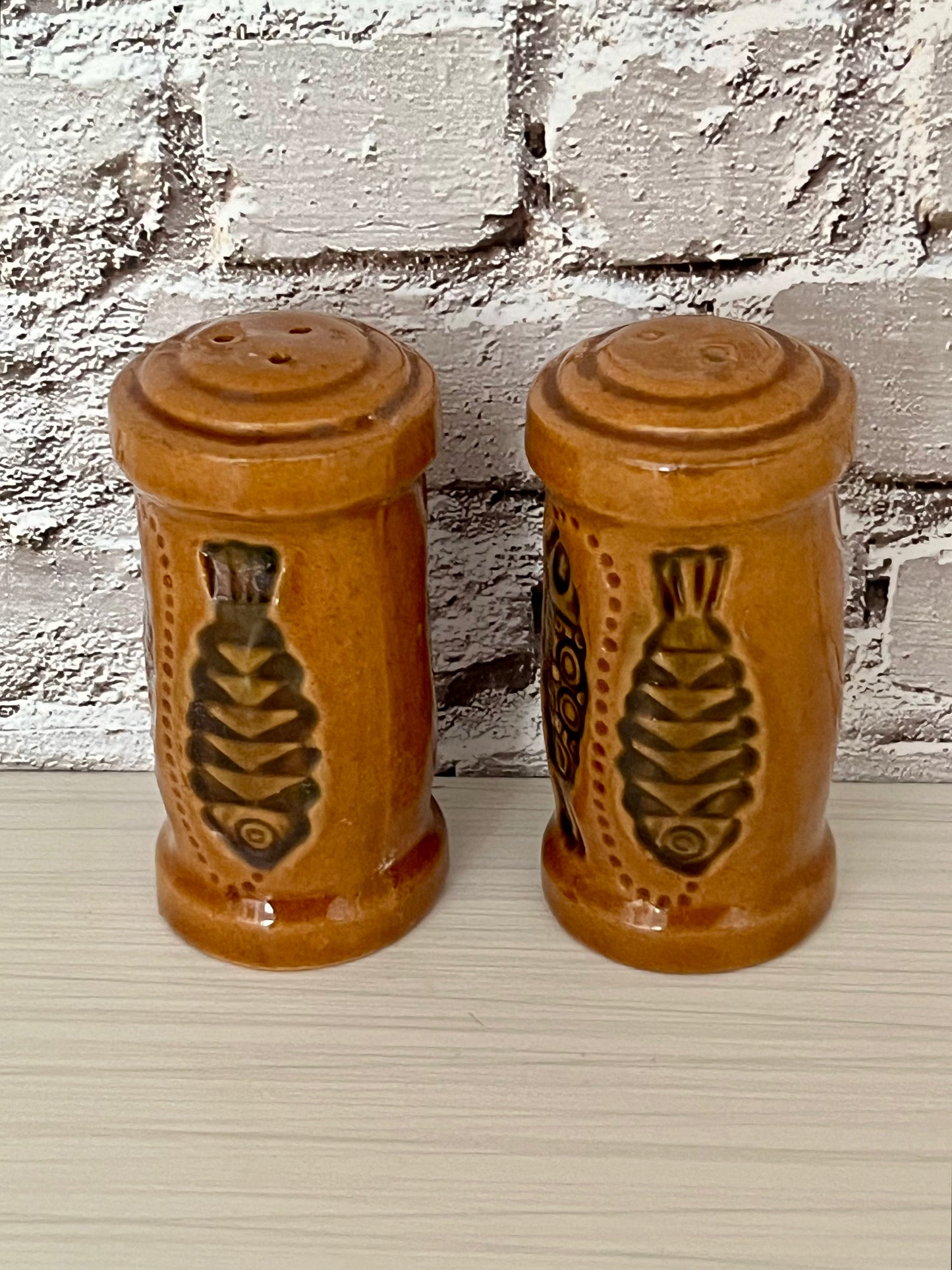Retro Brown Ceramic Fish-Motif Salt & Pepper Shakers (c. 1970s)