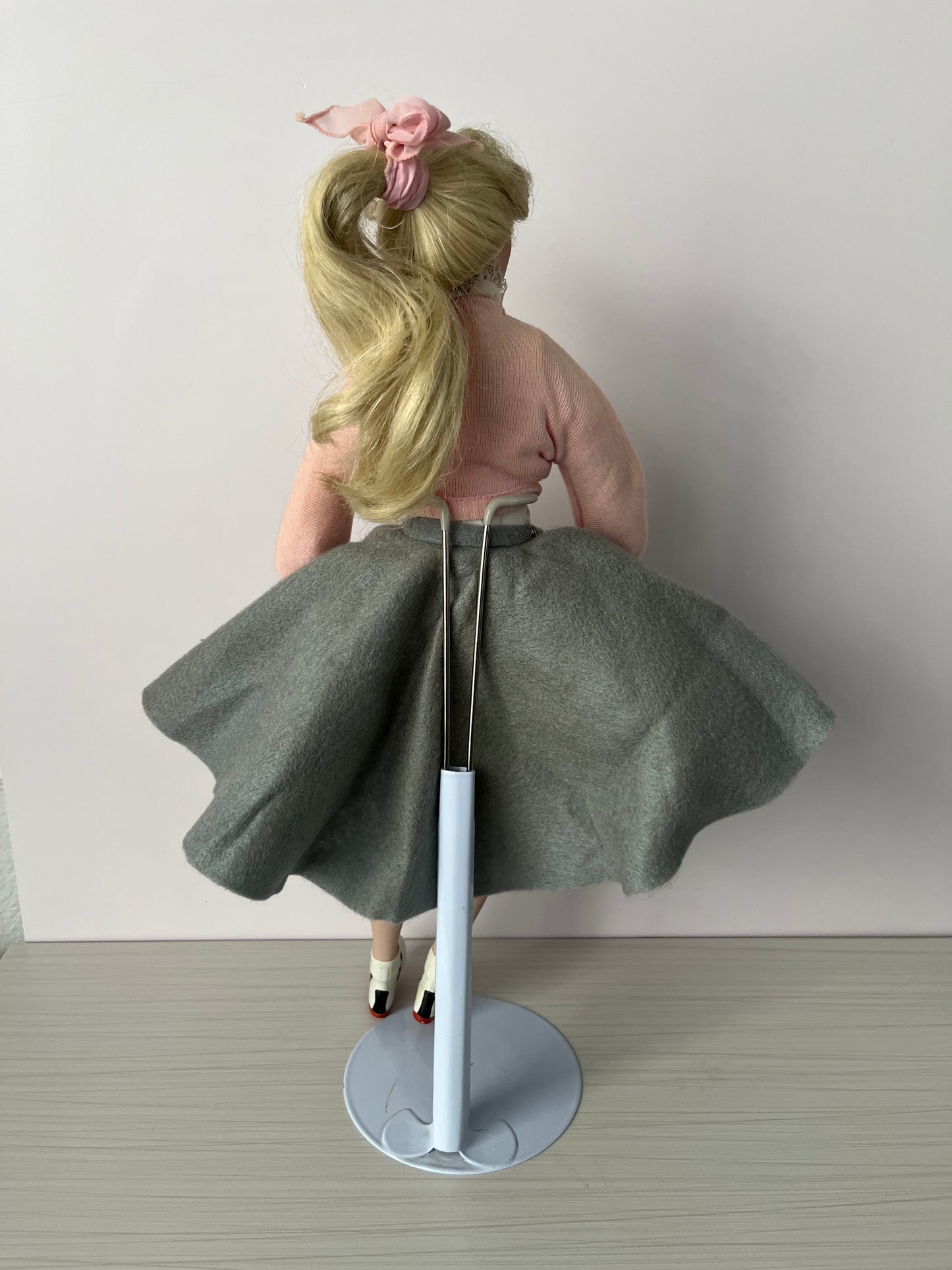 Vintage 1991 “Peggy Sue” Porcelain Collector Doll by Edwin M. Knowles – 16” Tall with Poodle Skirt & Pink Cardigan