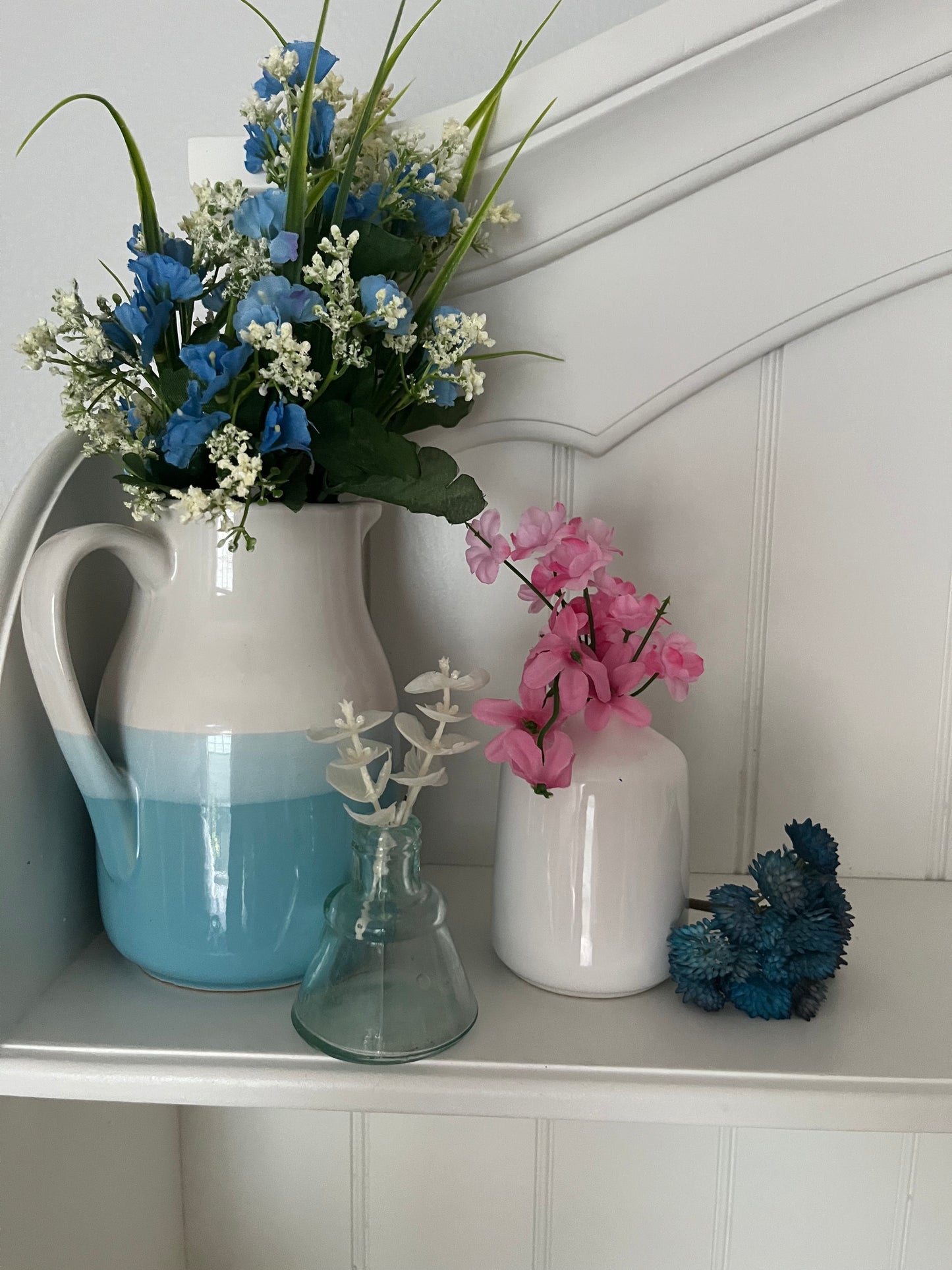 1960s Inspired Dip Glazed Art Pottery Pitcher Jug – Ombré Turquoise Blue & White Ceramic