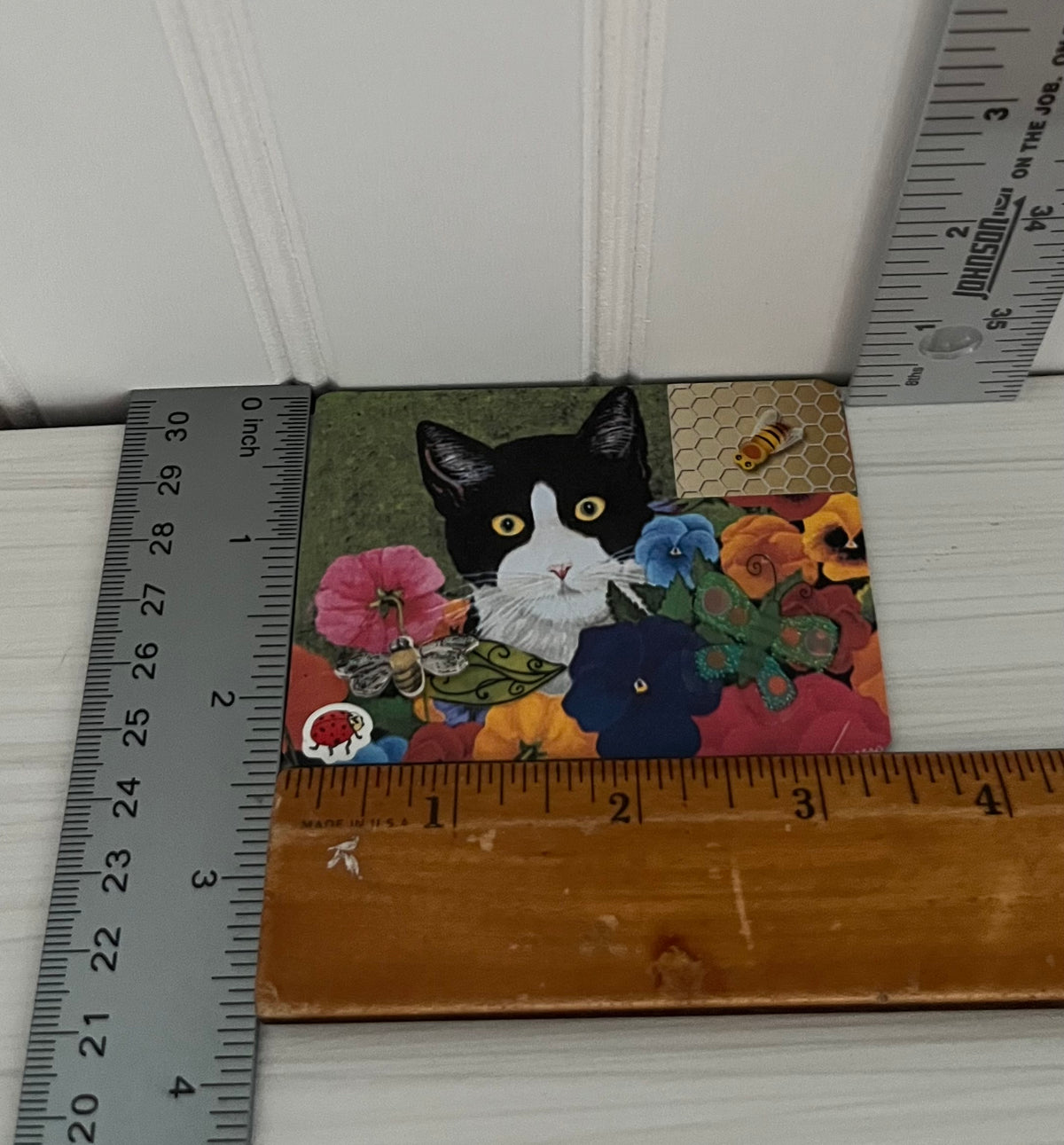 Original Tuxedo Cat ACEO Mixed Media Art on Black Display Board